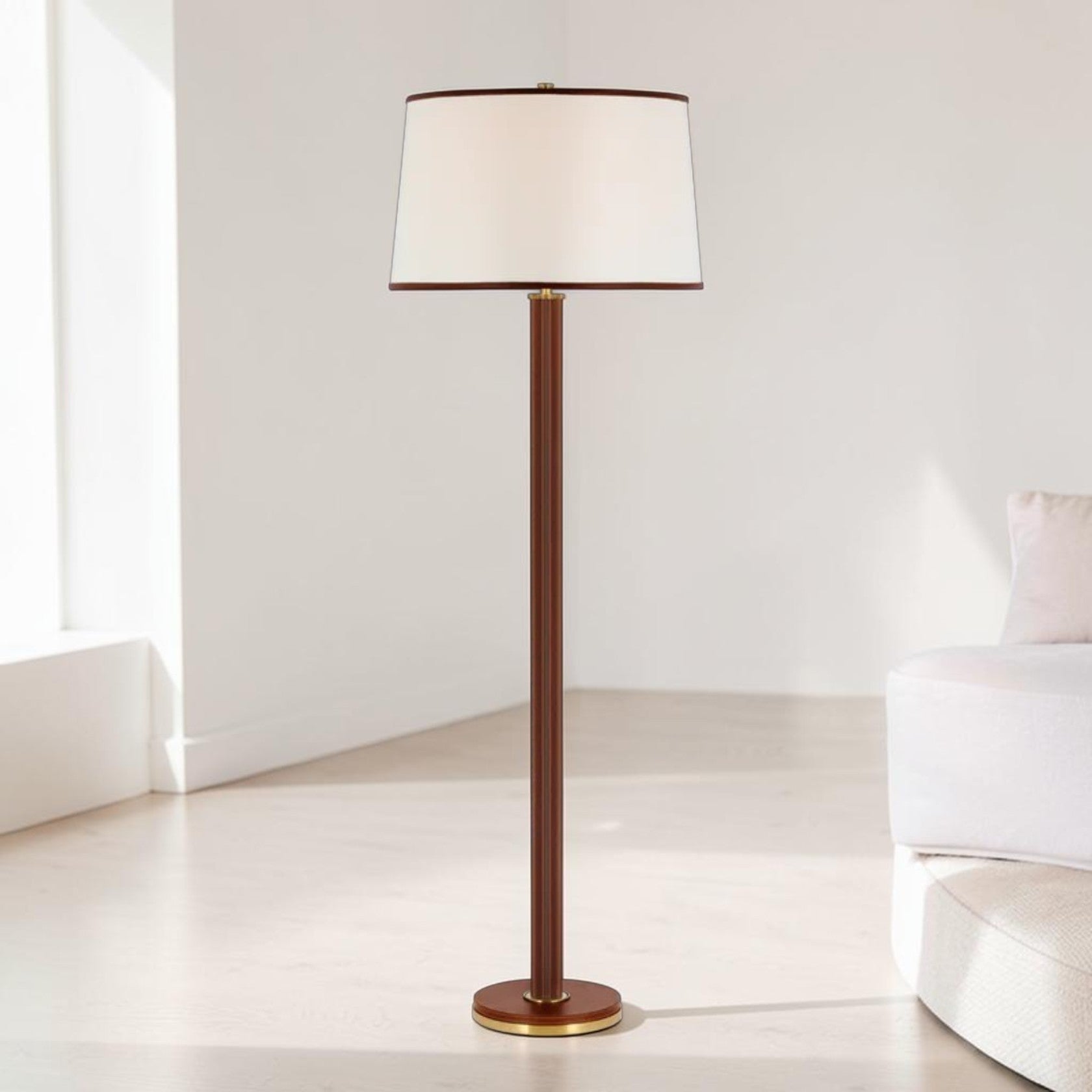 Brass Floor Lamp with Leather-Wrapped Base and Fabric Shade