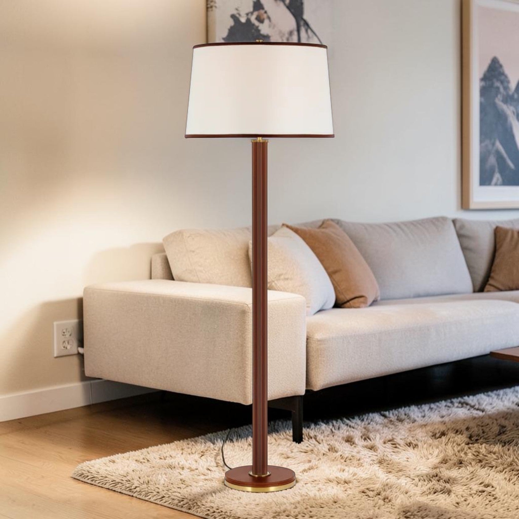 Brass Floor Lamp with Leather-Wrapped Base and Fabric Shade