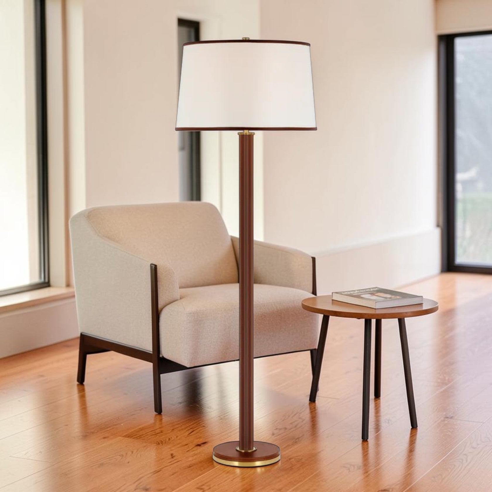 Brass Floor Lamp with Leather-Wrapped Base and Fabric Shade
