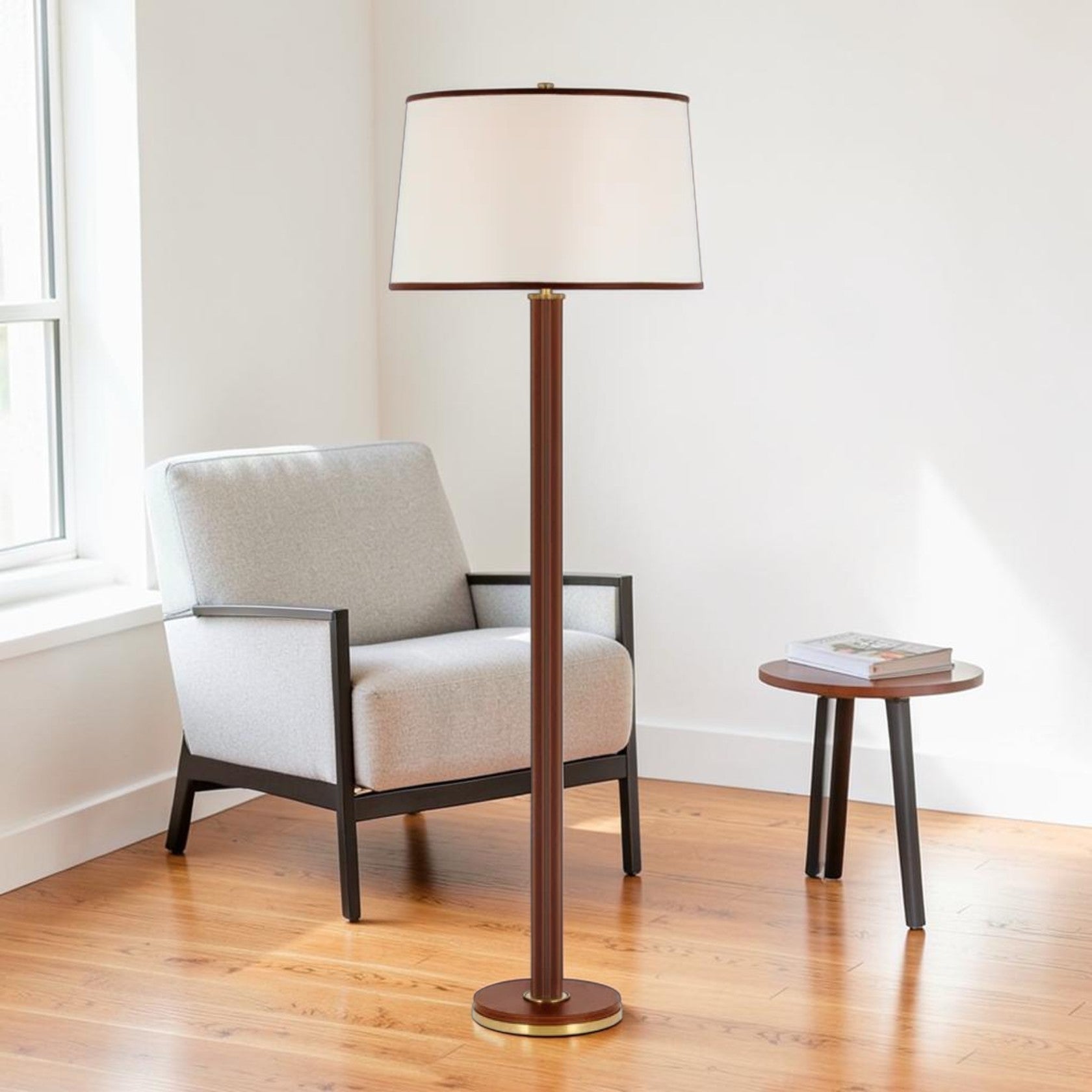 Brass Floor Lamp with Leather-Wrapped Base and Fabric Shade