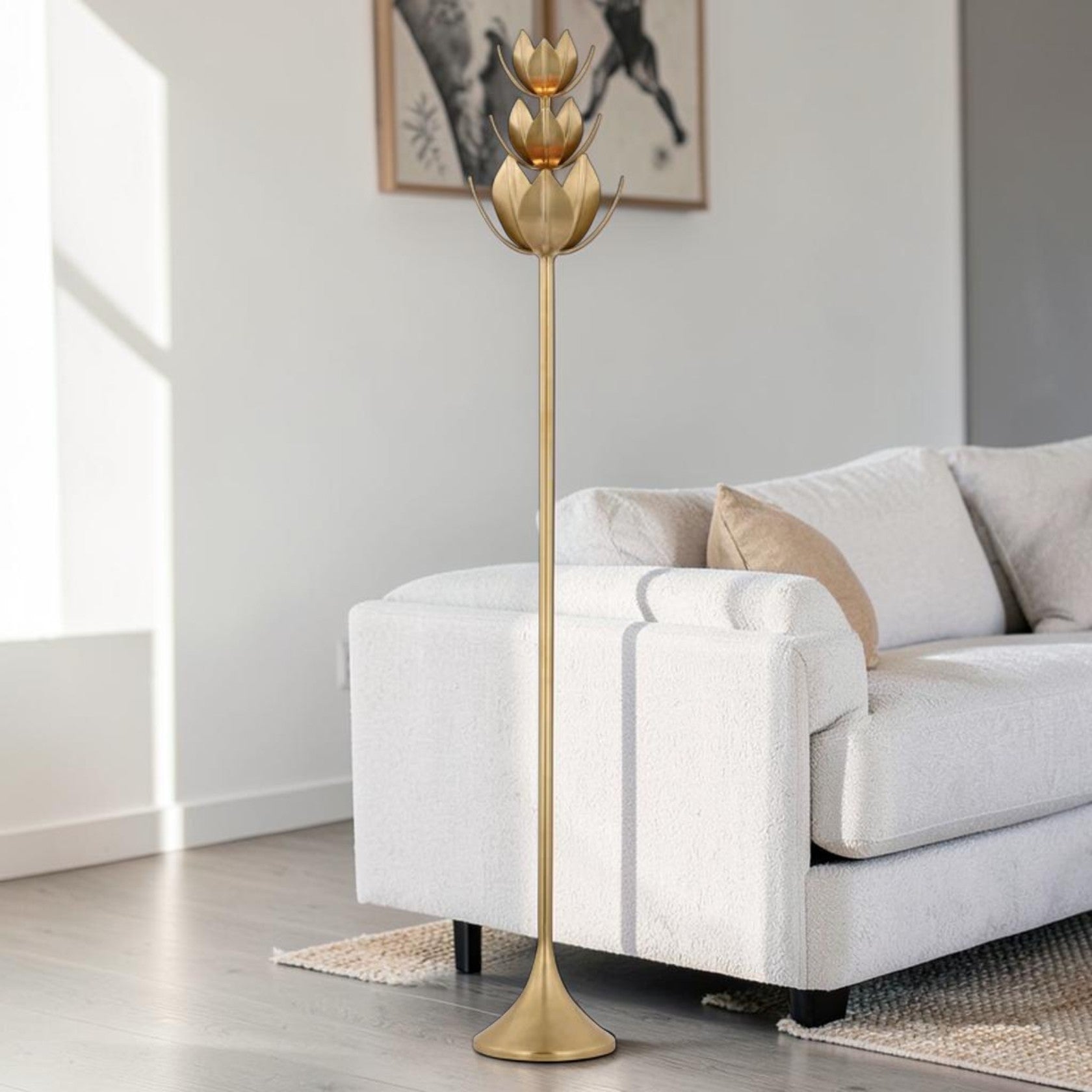 Sculptural LED Floor Lamp in Antique Brass with Floral Top Design