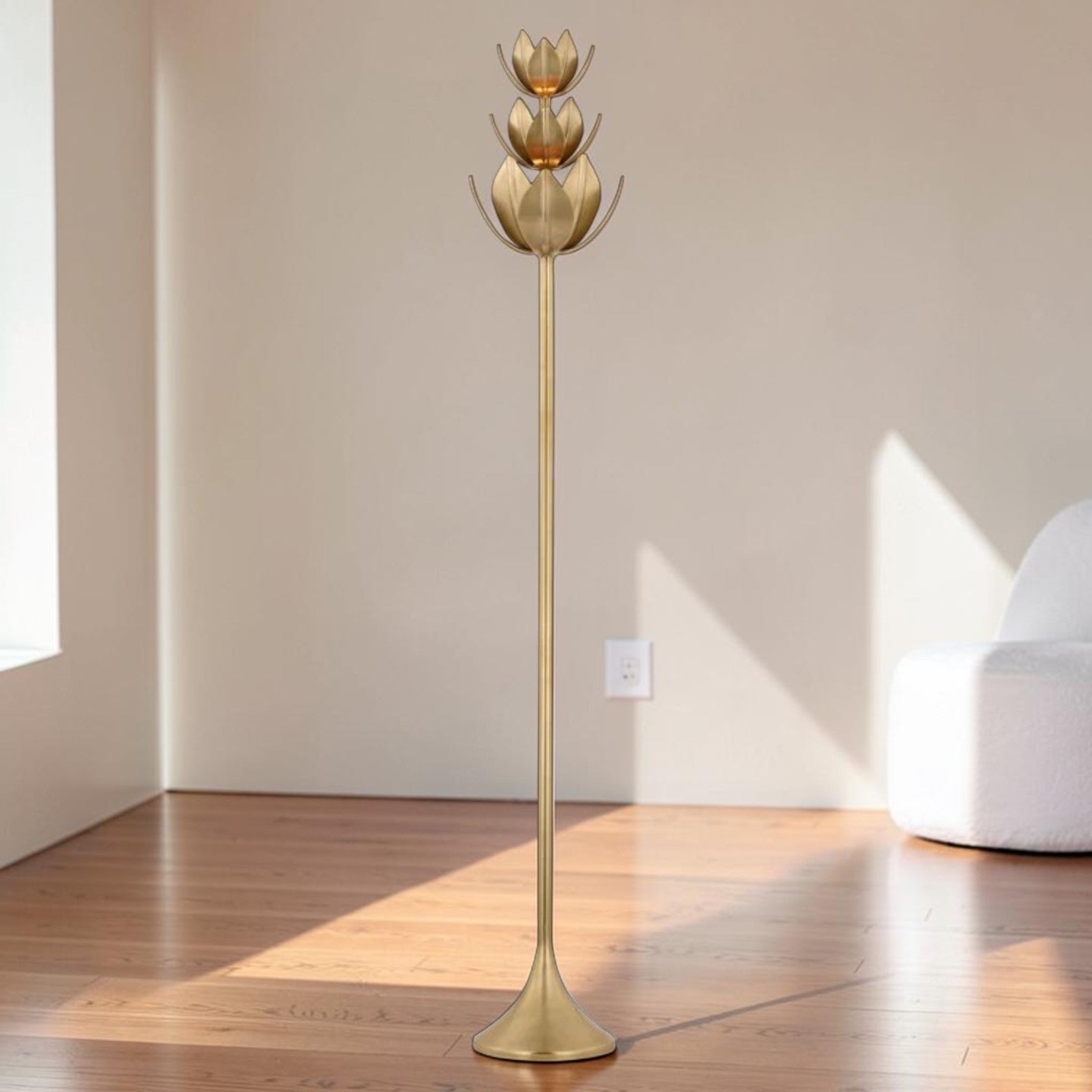 Sculptural LED Floor Lamp in Antique Brass with Floral Top Design