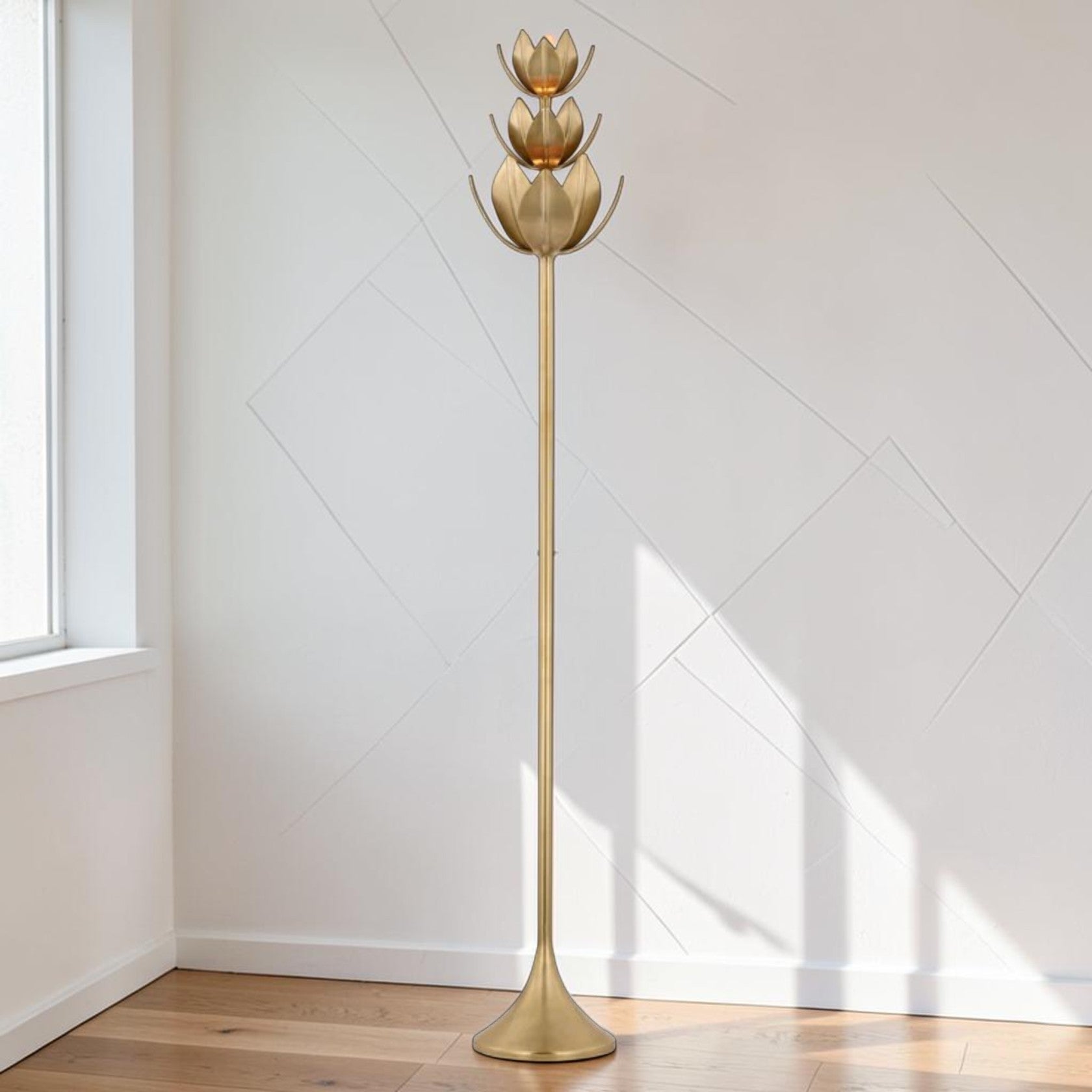 Sculptural LED Floor Lamp in Antique Brass with Floral Top Design