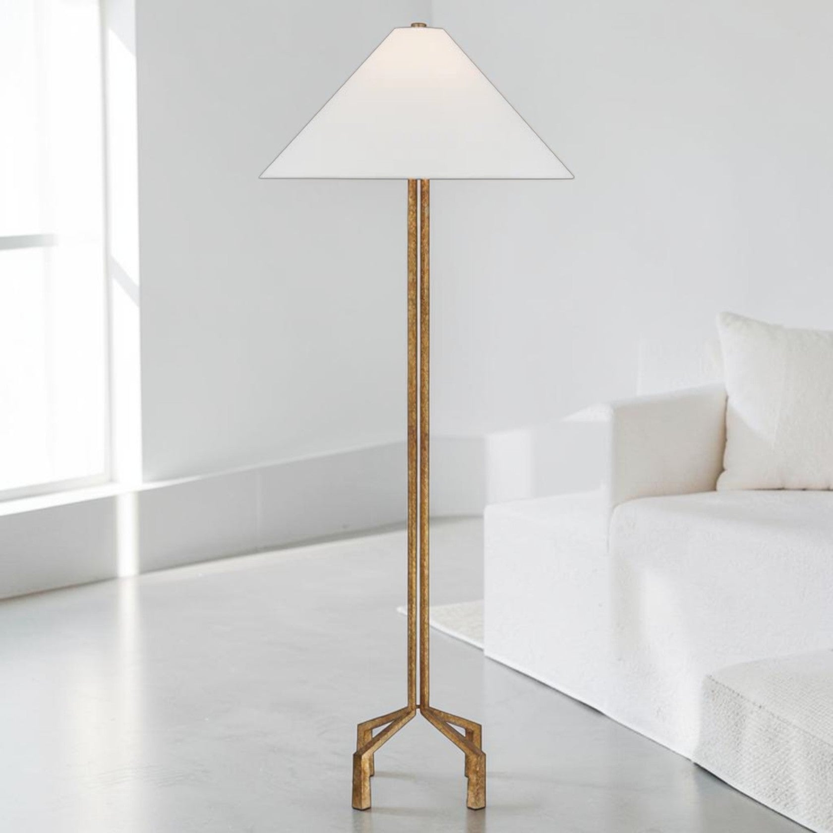 Forged Iron Floor Lamp with Gilded Finish and Wide Fabric Shade