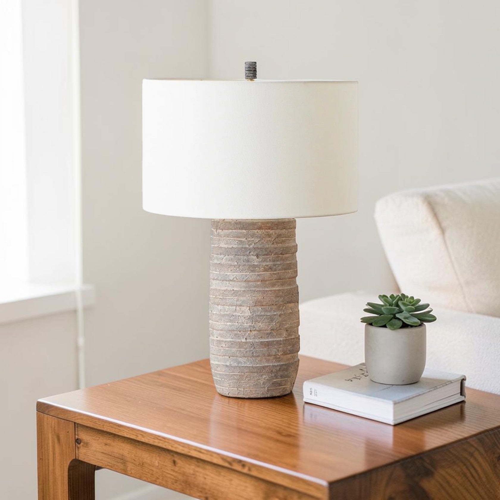 Terracotta Table Lamp with Stacked Base and Linen Shade