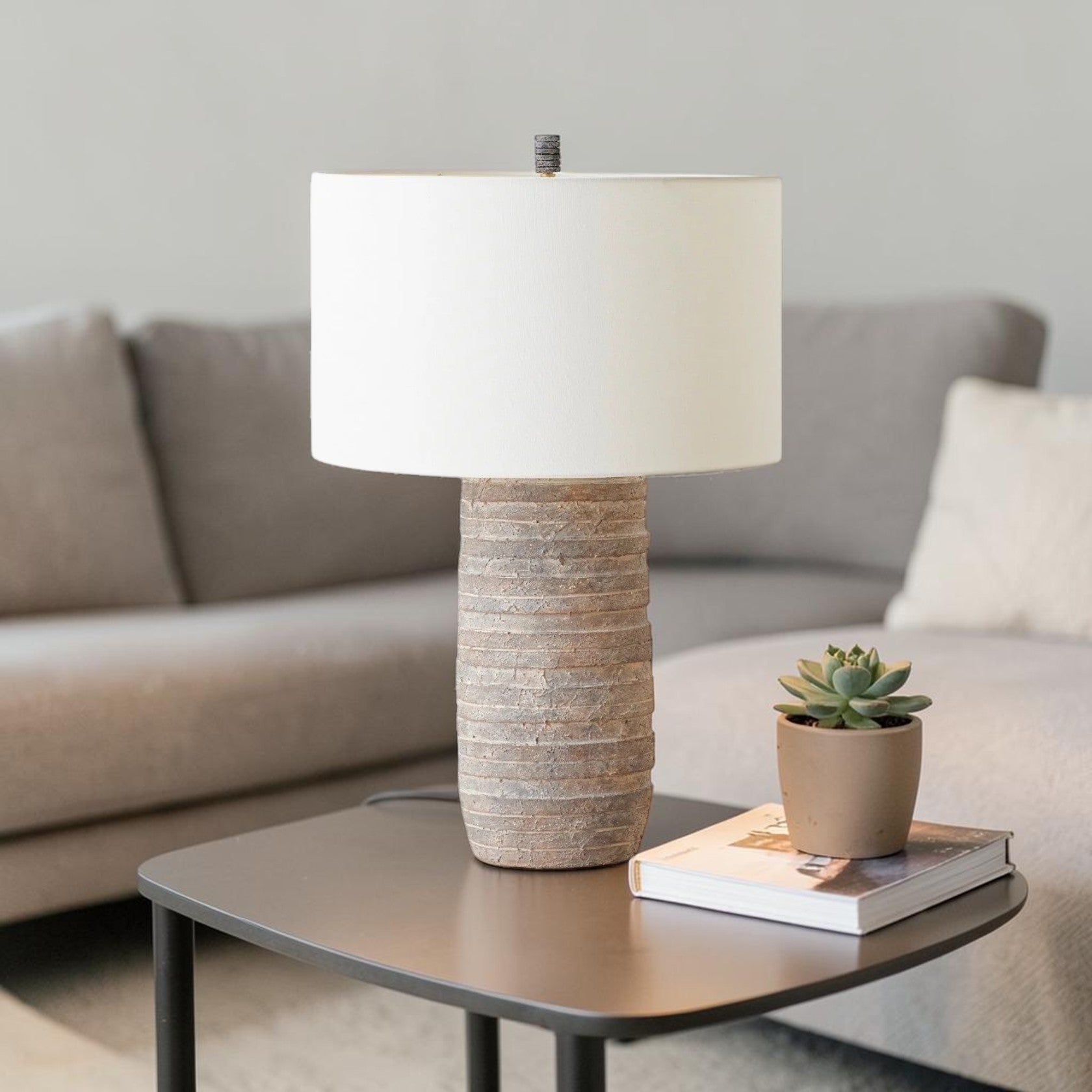 Terracotta Table Lamp with Stacked Base and Linen Shade