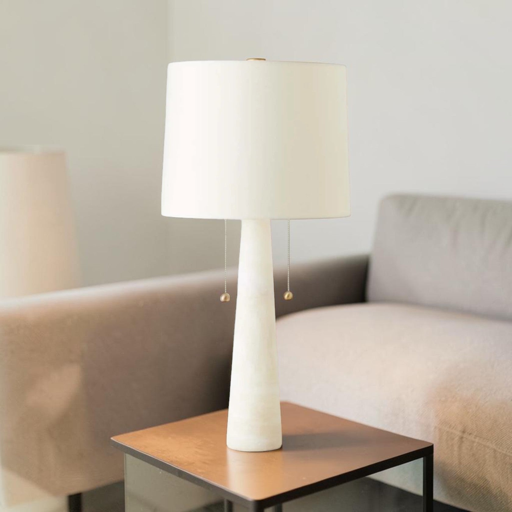 Marble Table Lamp with Dual Pull Chains and Fabric Shade
