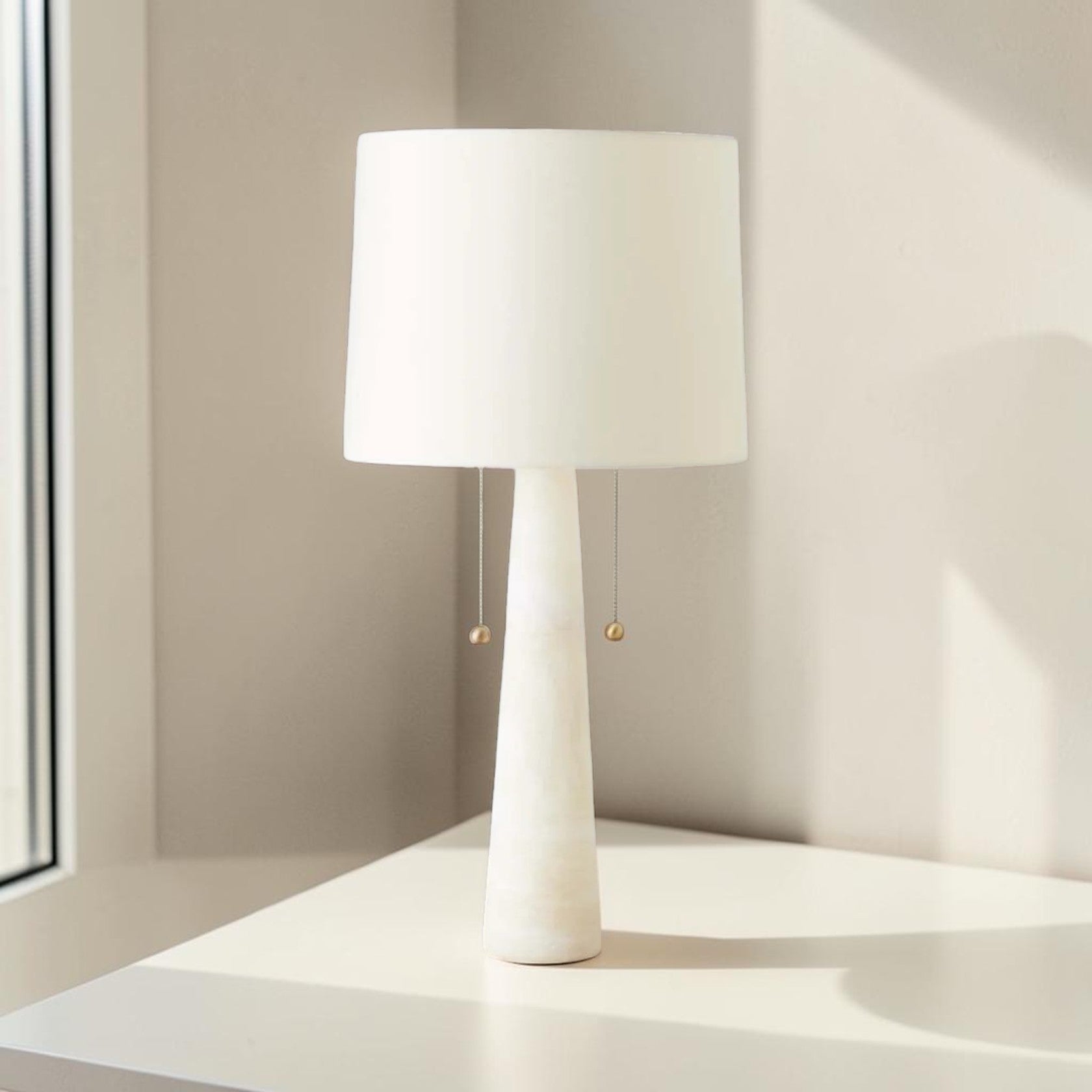 Marble Table Lamp with Dual Pull Chains and Fabric Shade