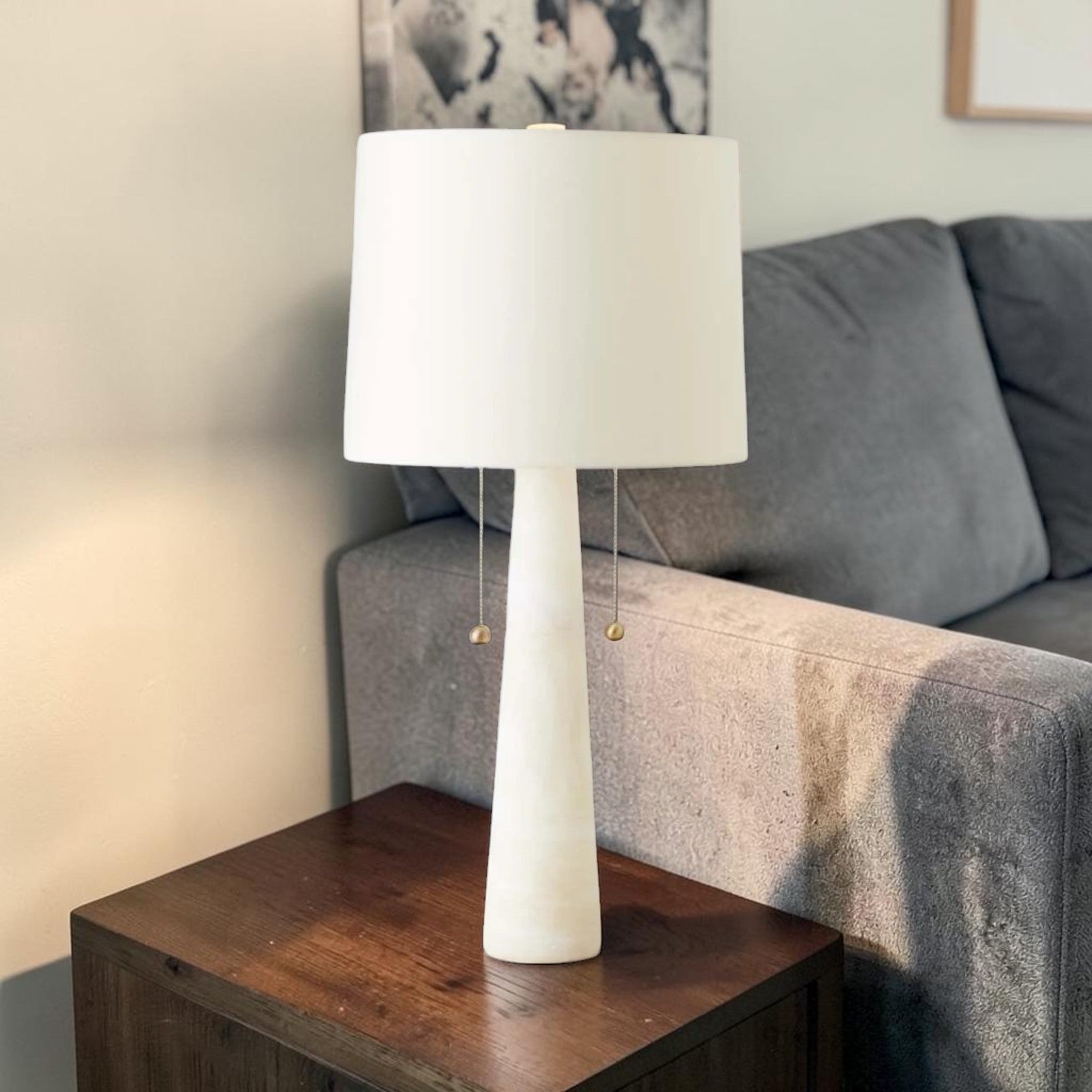 Marble Table Lamp with Dual Pull Chains and Fabric Shade