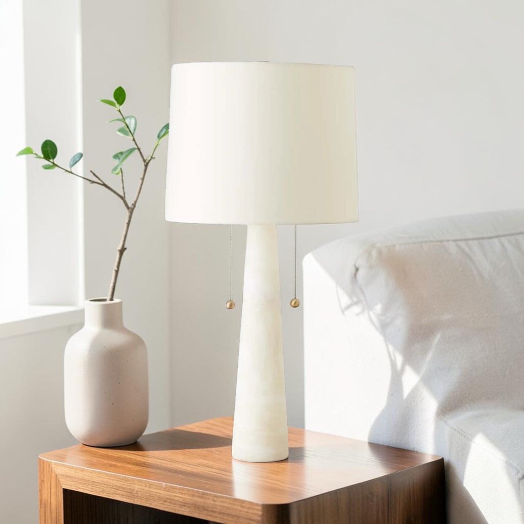 Marble Table Lamp with Dual Pull Chains and Fabric Shade
