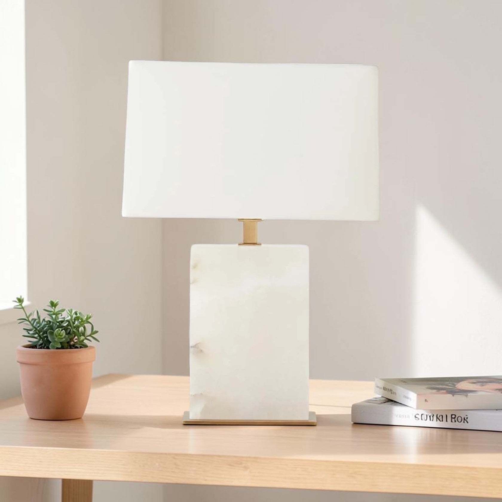 Alabaster Stone Table Lamp with Rectangular Base and Fabric Shade
