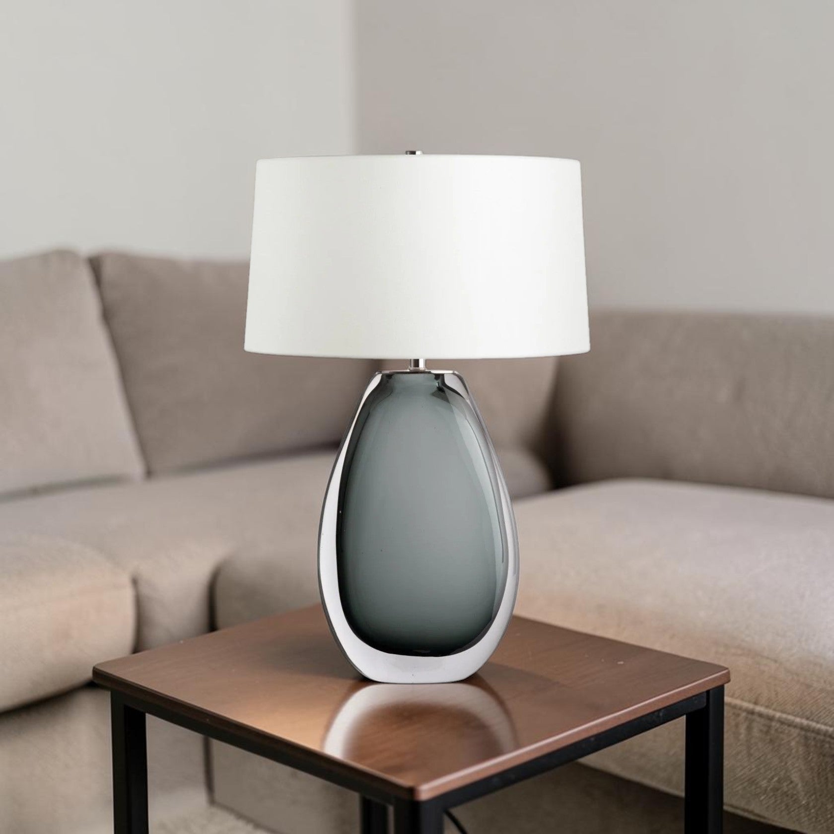 Tall Smoked Glass Table Lamp with Linen Shade