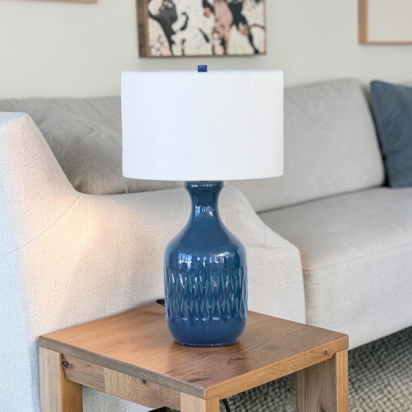 Blue Ceramic Table Lamp with White Fabric Shade