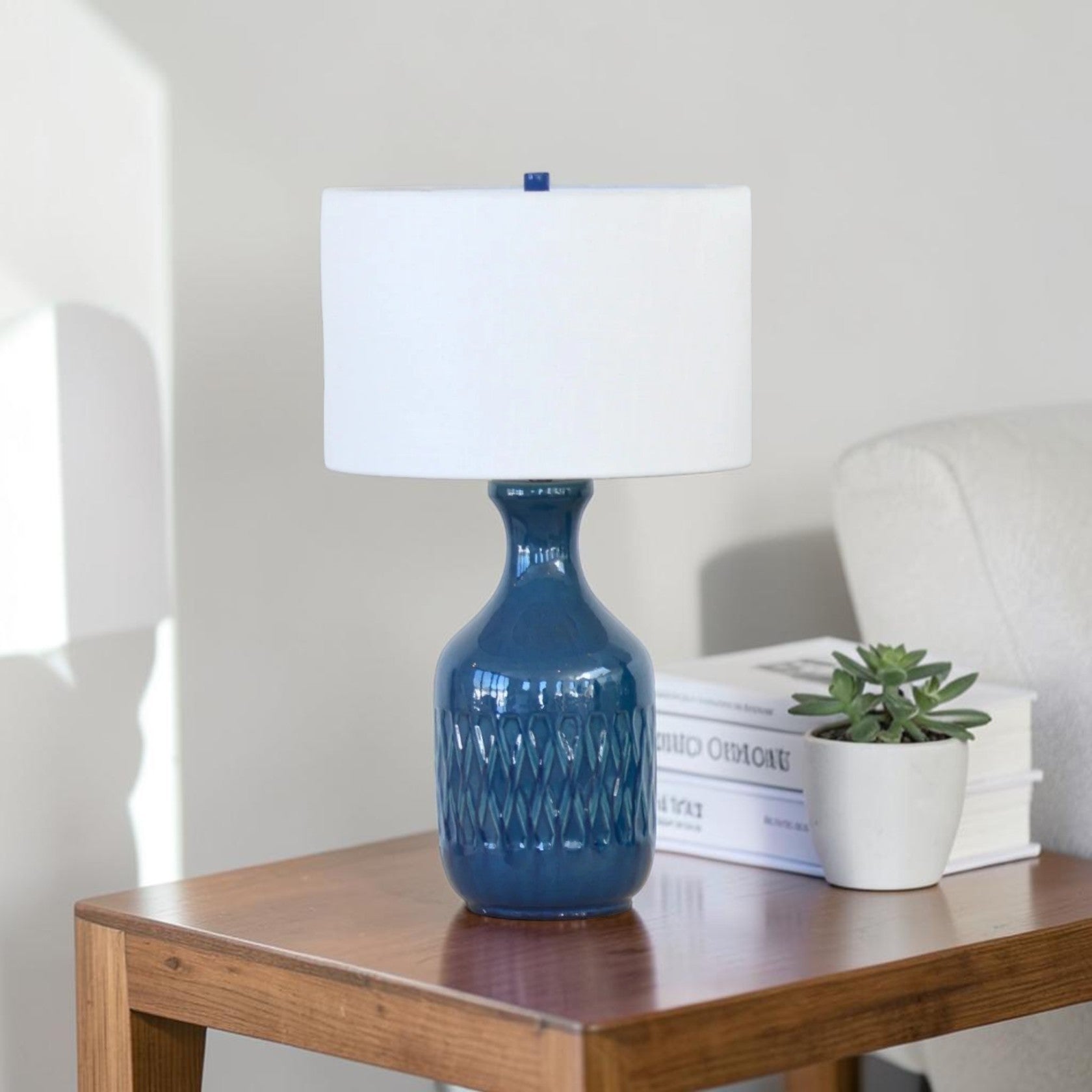 Blue Ceramic Table Lamp with White Fabric Shade