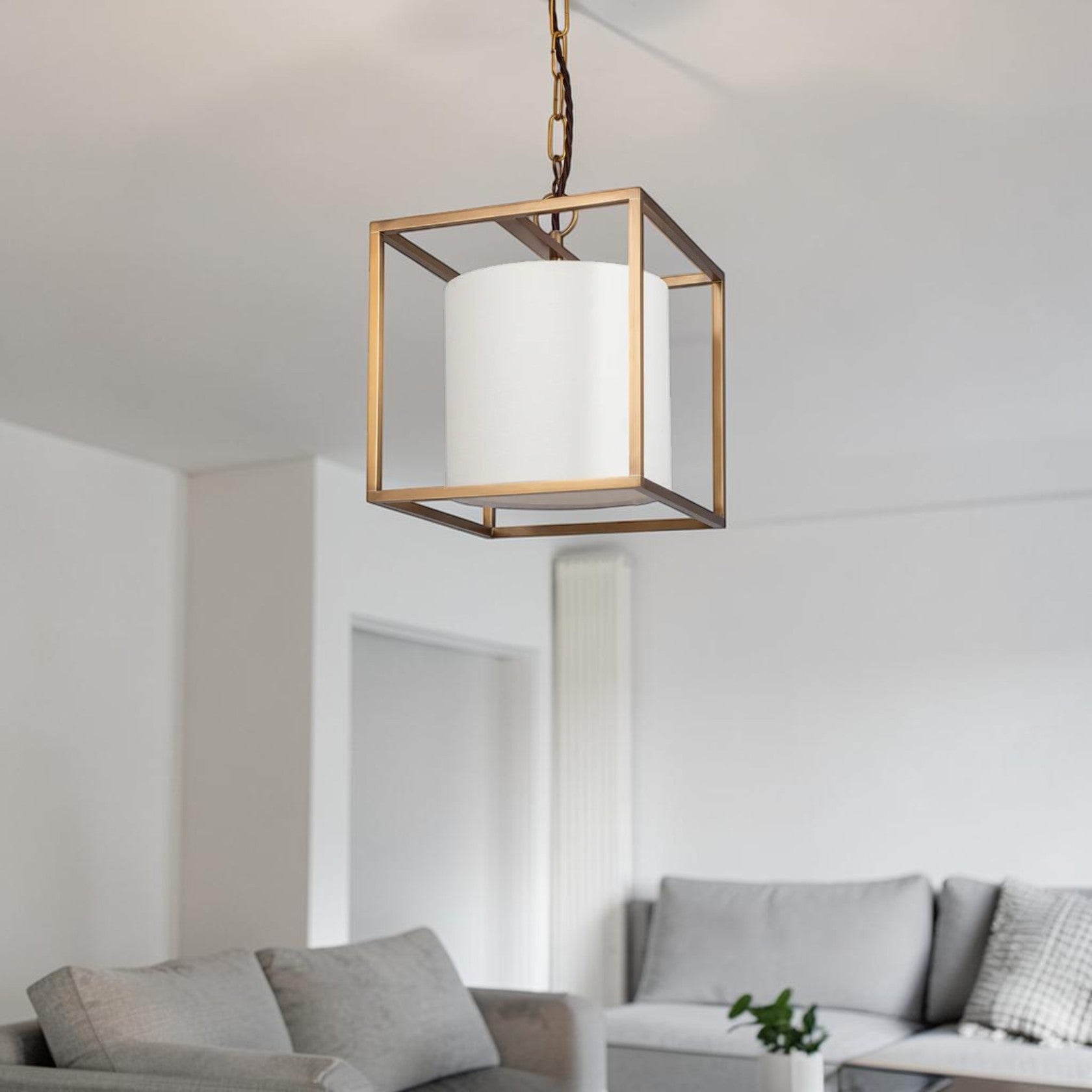 Small Brass Cube Pendant Light with Fabric Shade