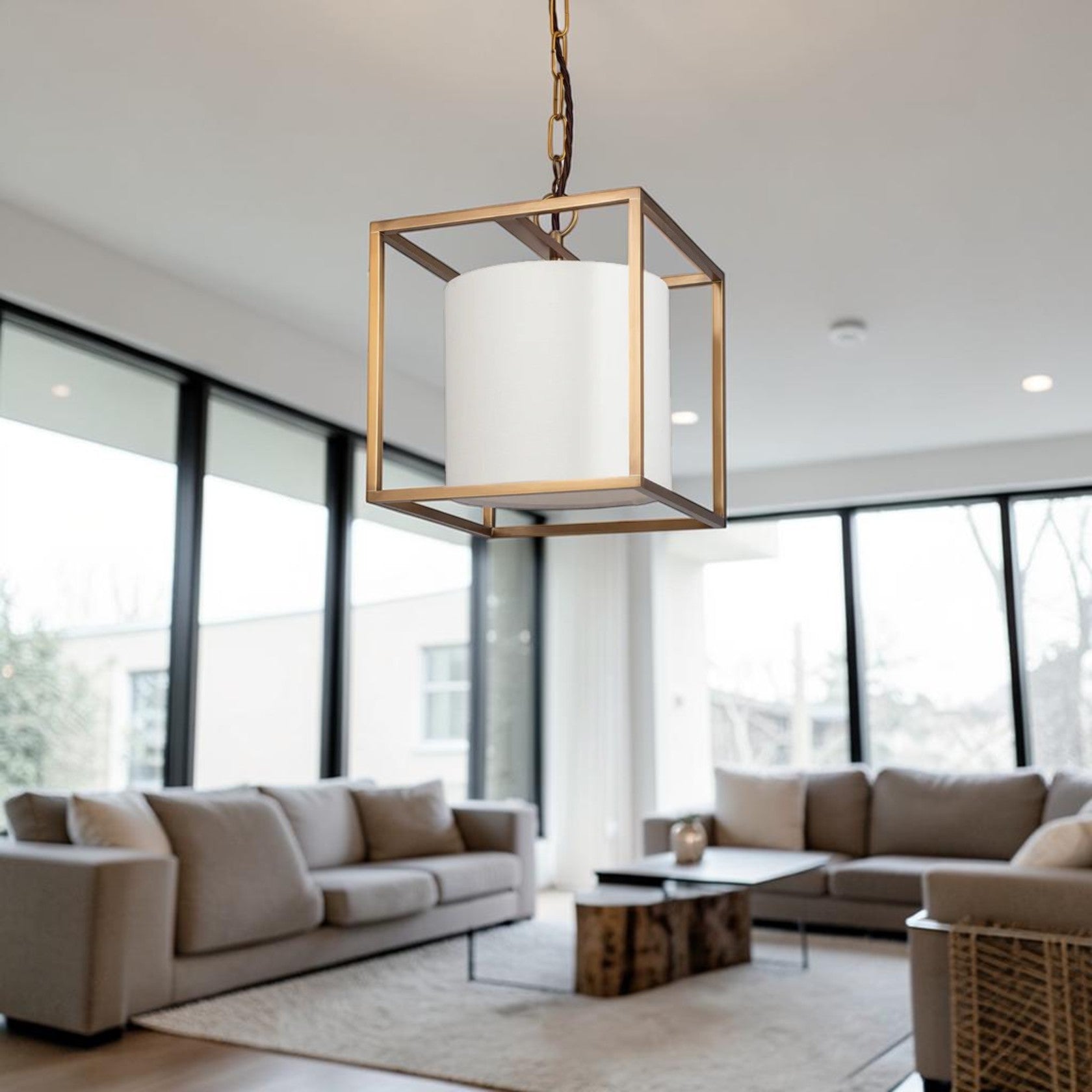 Small Brass Cube Pendant Light with Fabric Shade