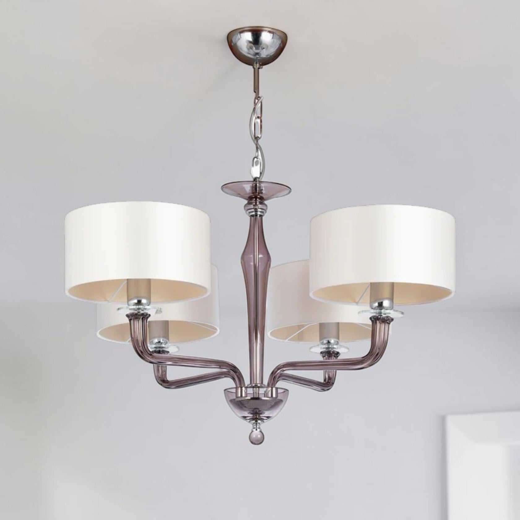 4 Light Glass Arm Chandelier with Fabric Shades