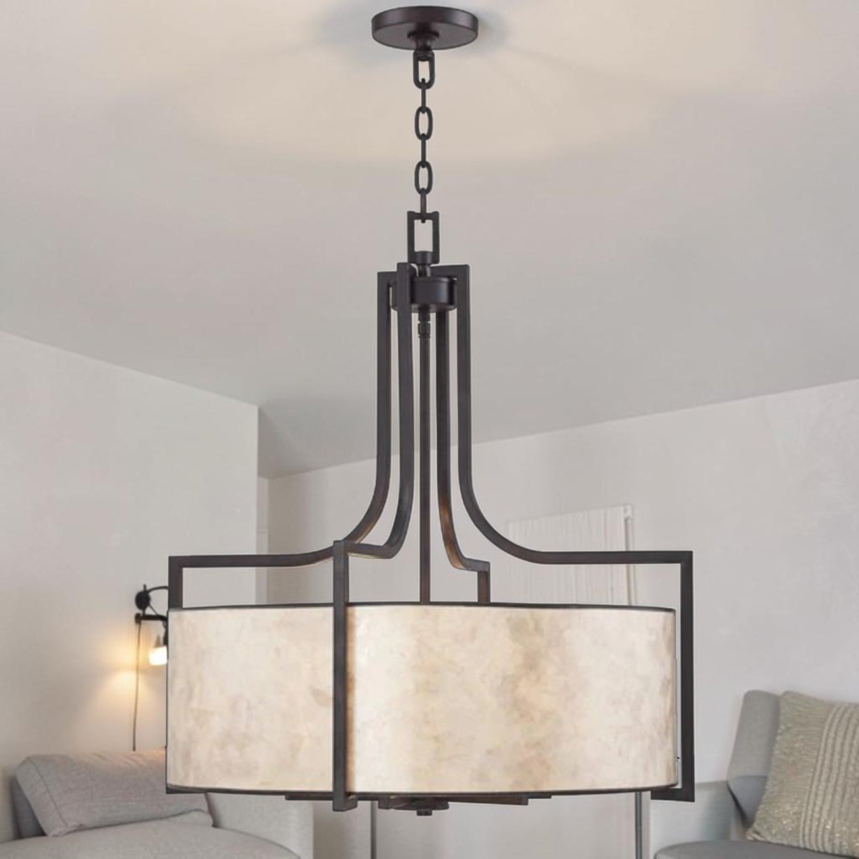 Bronze Drum Pendant Light for Bathroom with Mica Shade