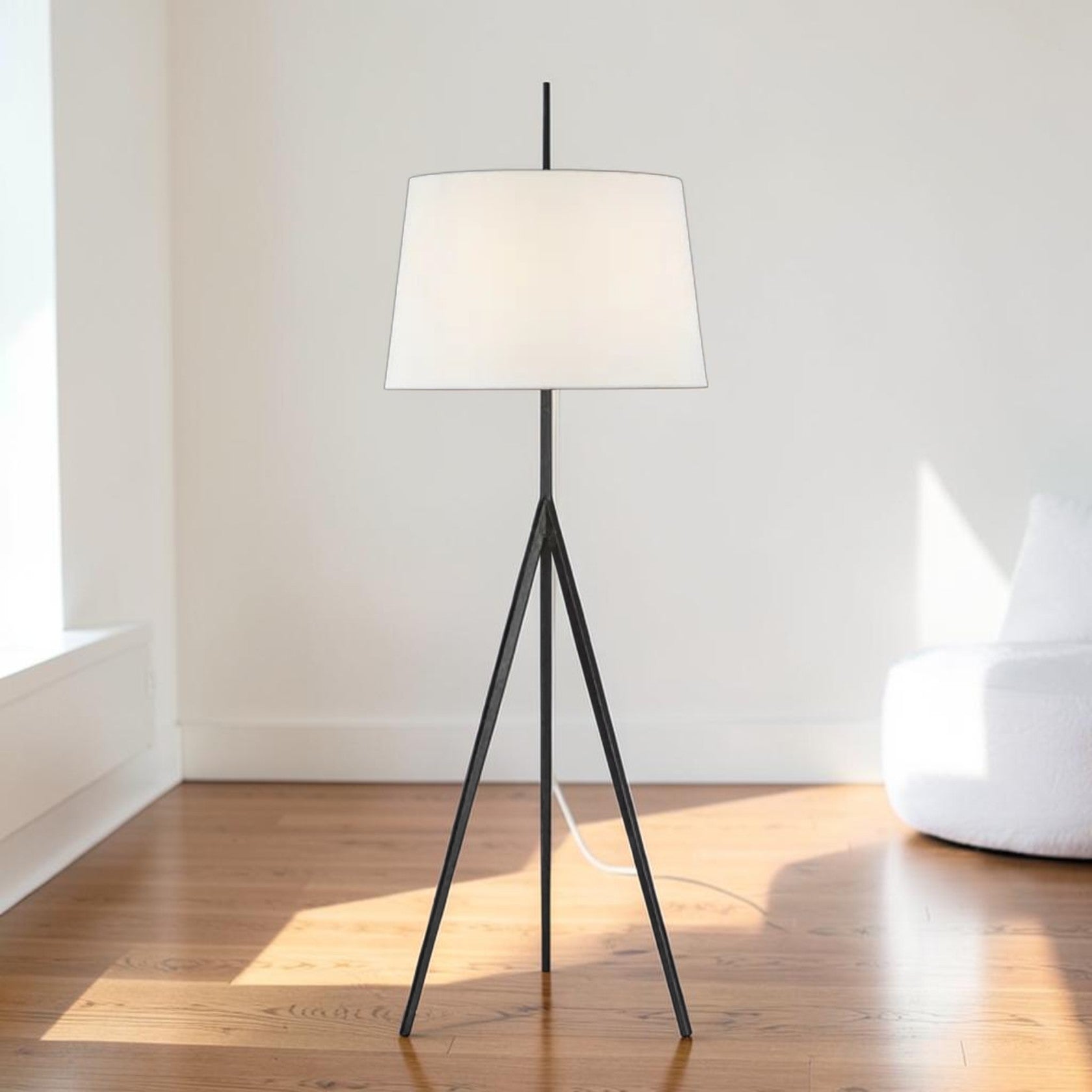 Tripod Floor Lamp with Hand-Forged Base and Fabric Shade