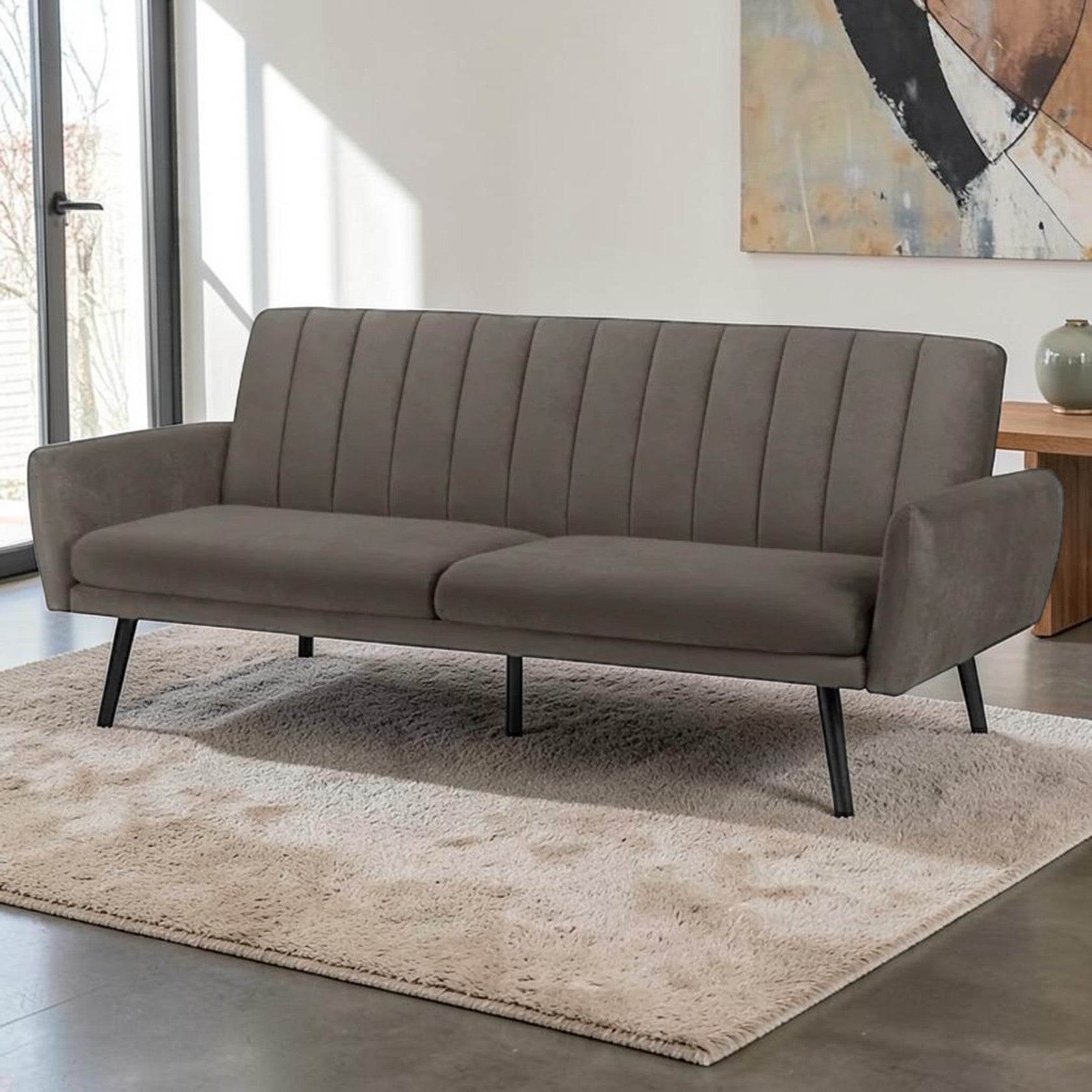 Gray Velvet Sofa Bed with Channel Tufting and Sleeper Function