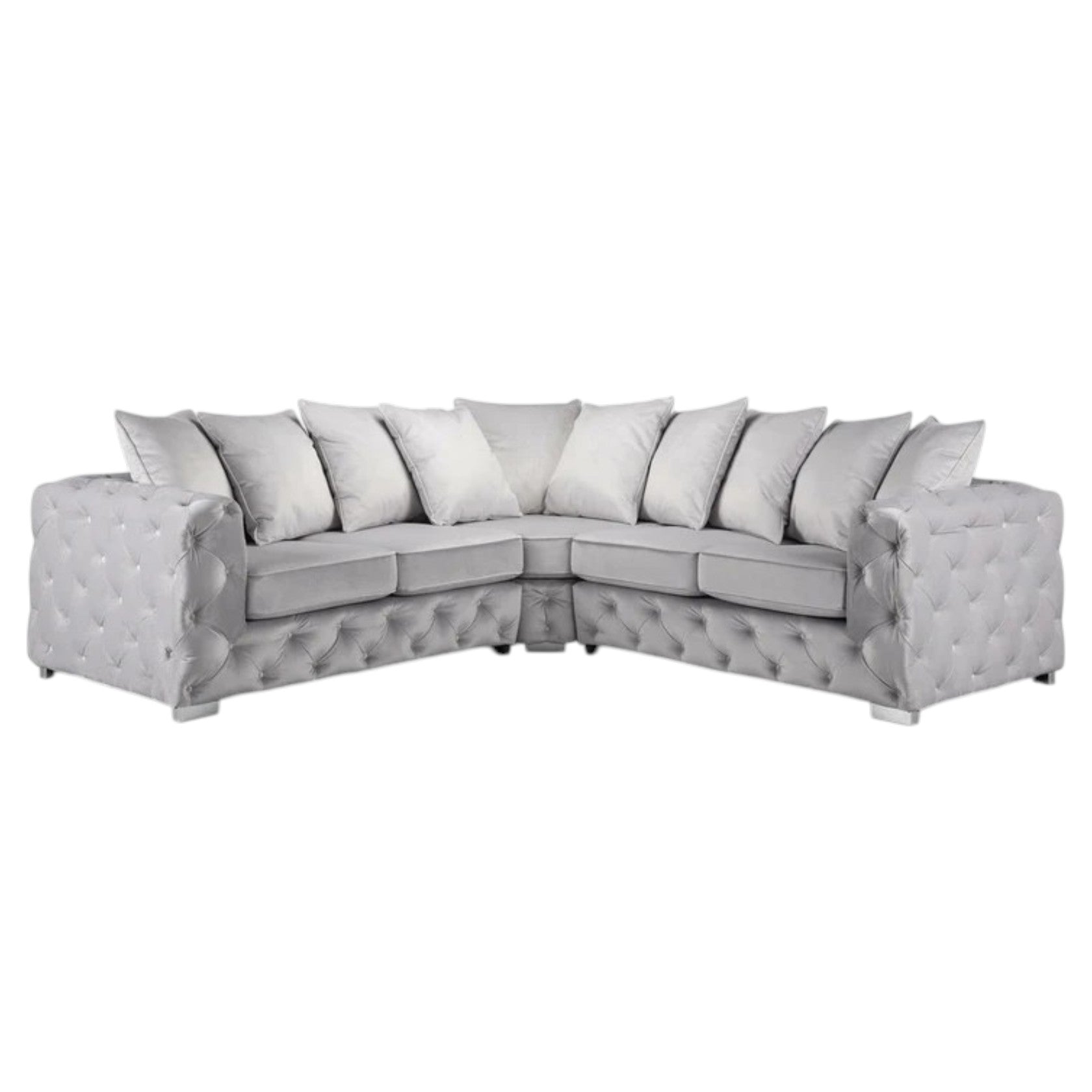 Large Silver Corner Sectional Sofa with Button Tufted Design