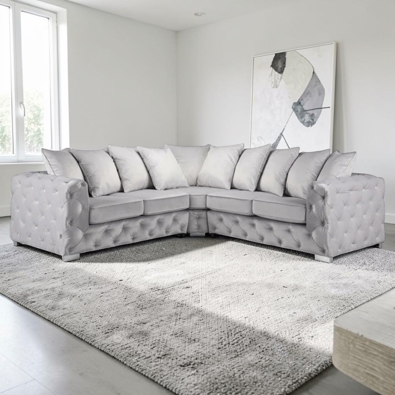 Large Silver Corner Sectional Sofa with Button Tufted Design