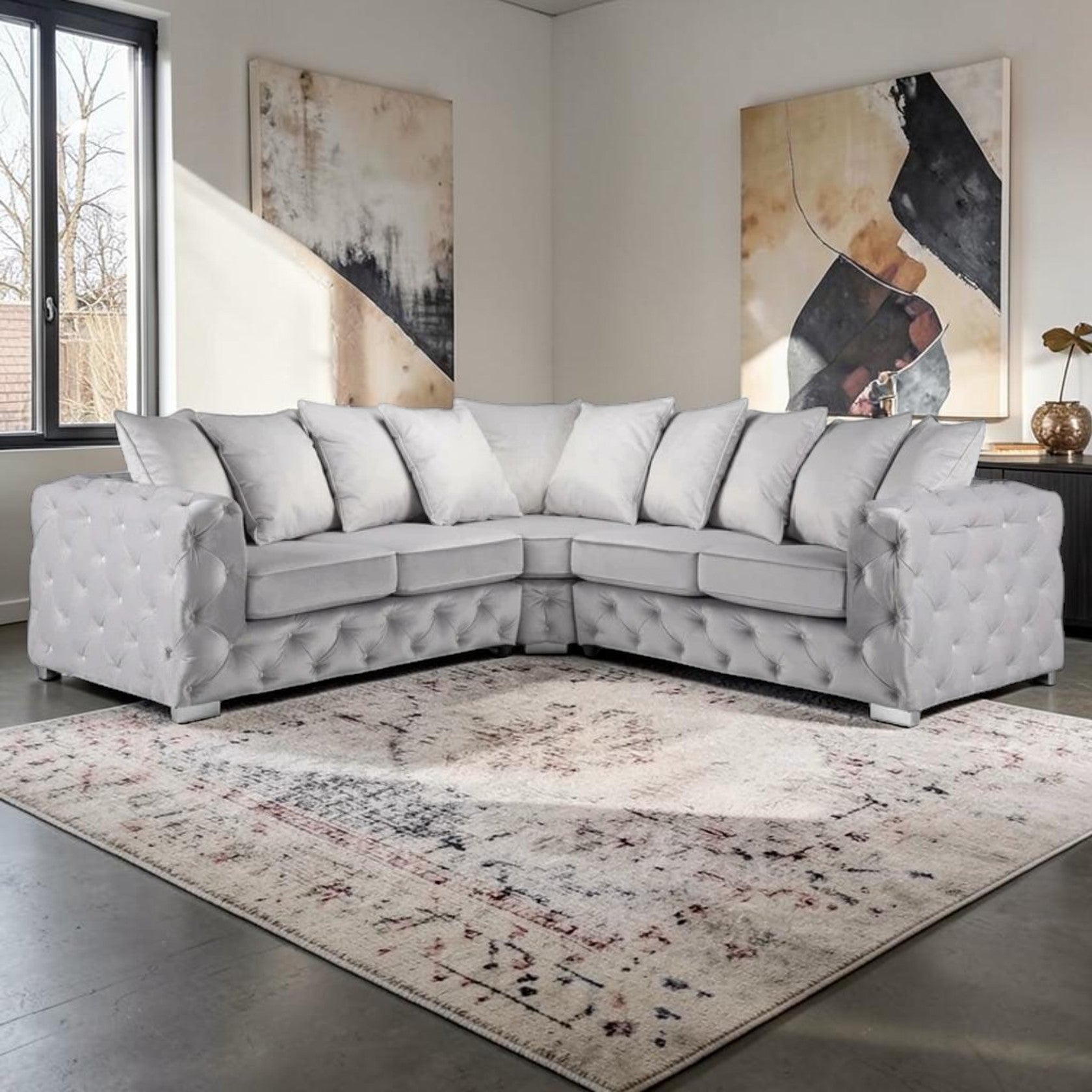 Large Silver Corner Sectional Sofa with Button Tufted Design