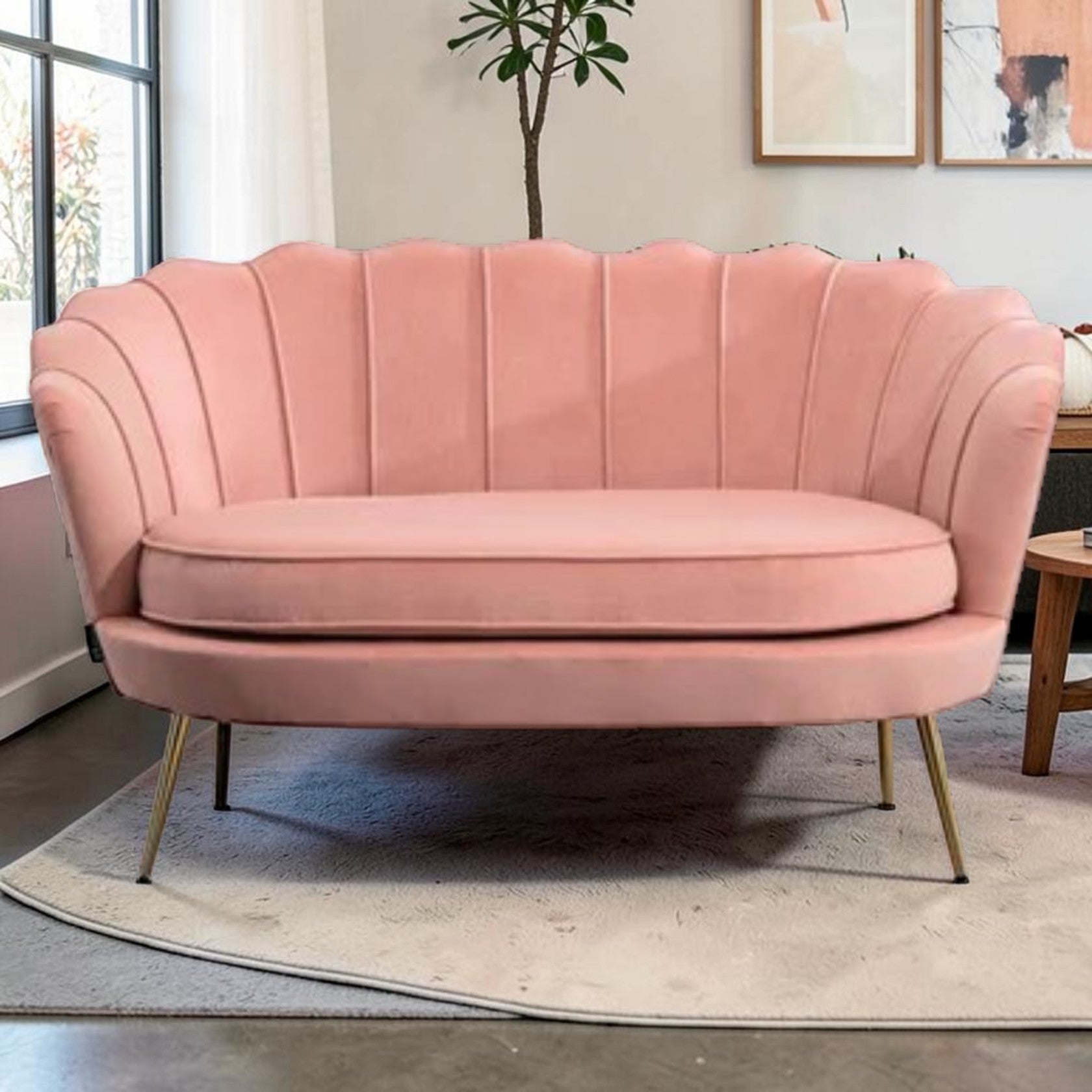 2 Seater Velvet Sofa with Channel Tufting and Gold Legs