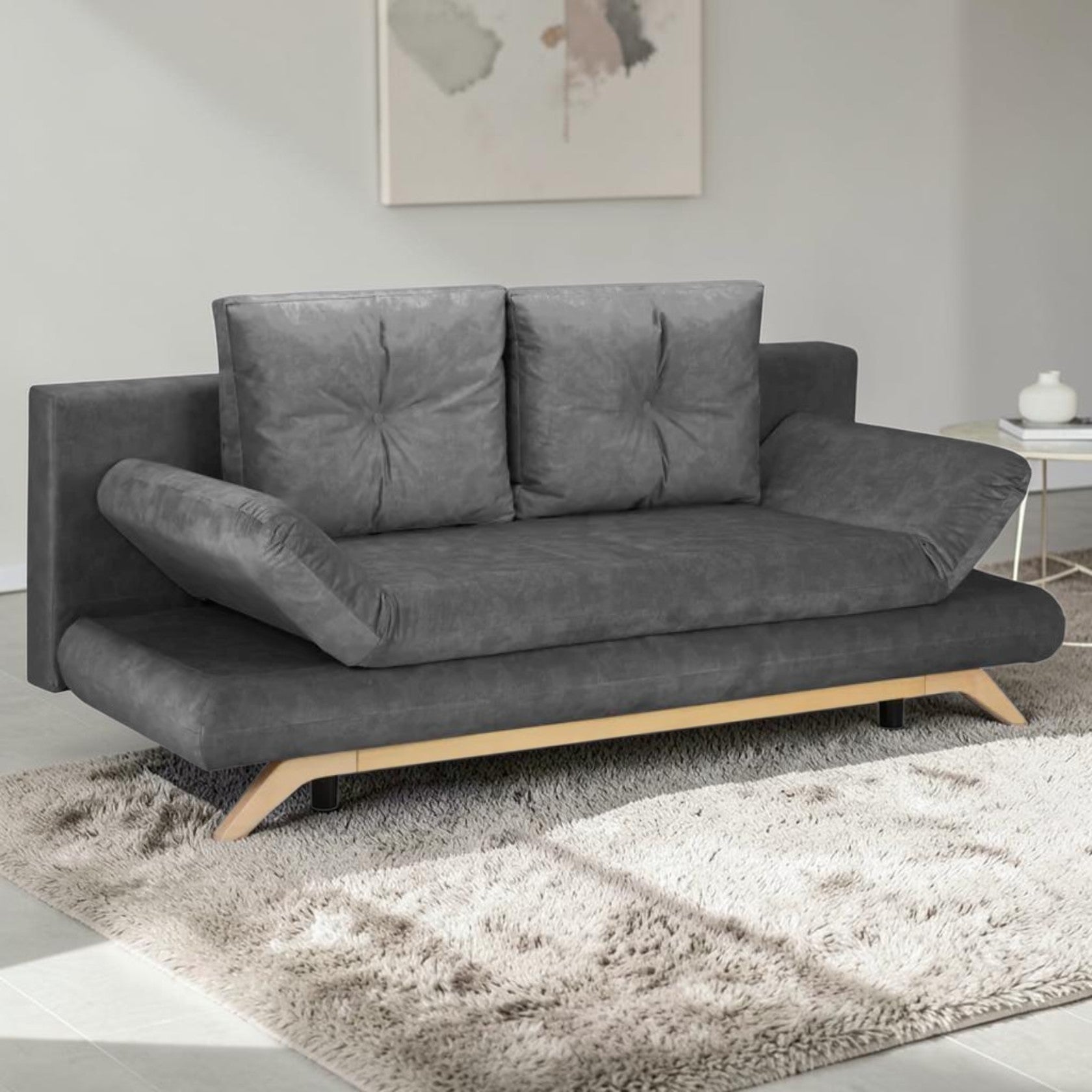 Charcoal 3-Seater Sofa Bed with Adjustable Arms and Tufted Cushions