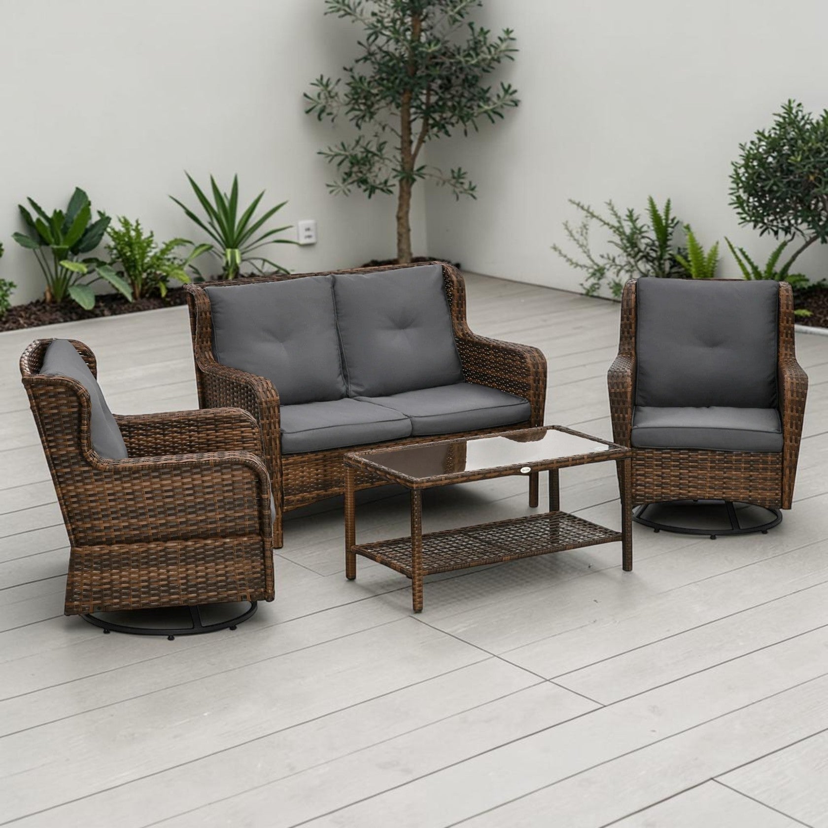 4 Piece PE Rattan Patio Furniture Set with Swivel Rockers & Glass Table