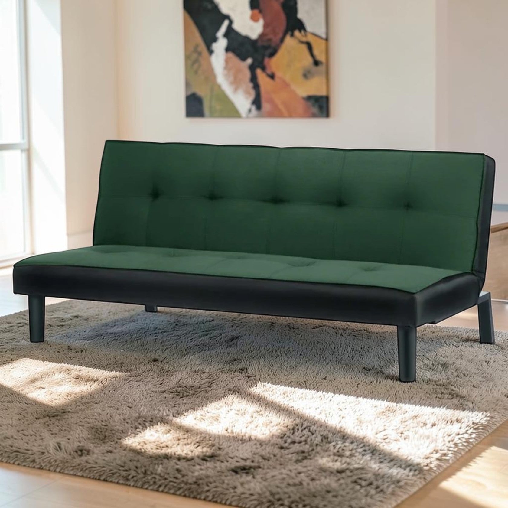 Green Velvet Sofa Bed with Tufted Back and Convertible Design