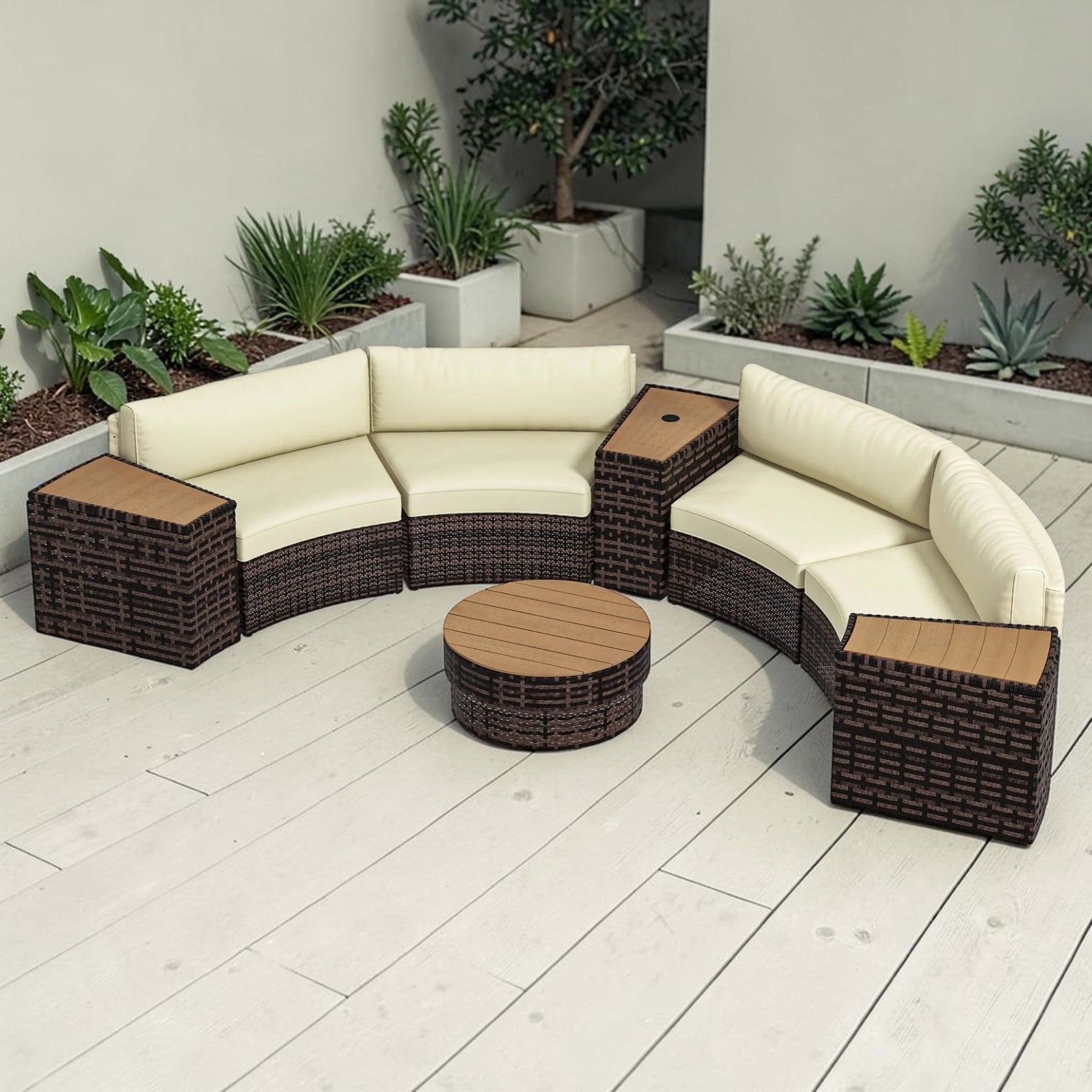 8PC Outdoor Conversation Set with Rattan Chairs, Storage Tables & Round Coffee Table