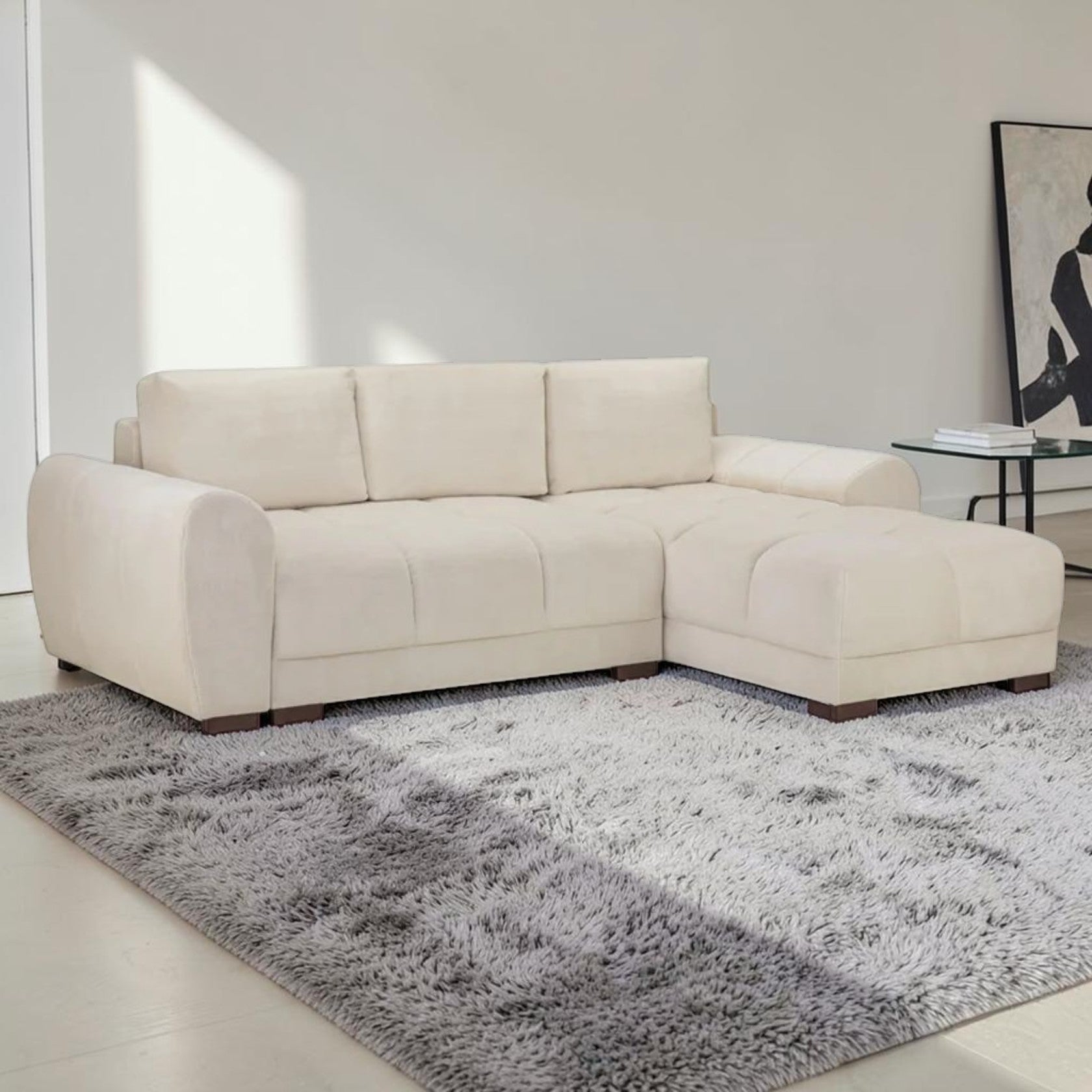 Cream Corner Sofa Bed with Chaise and Storage