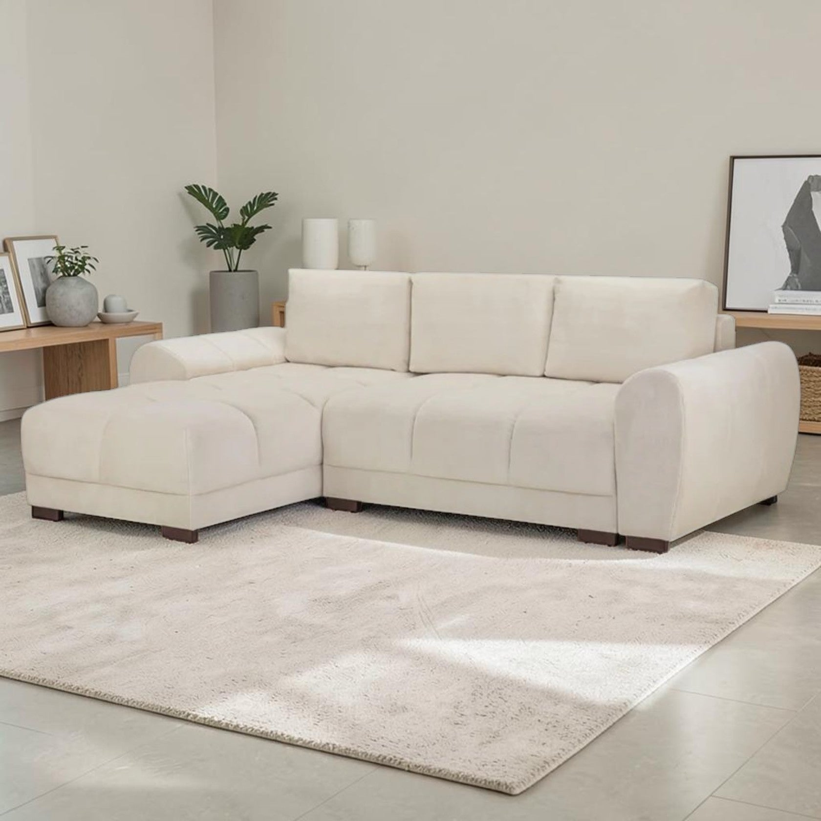 Cream Corner Sofa Bed with Chaise and Storage