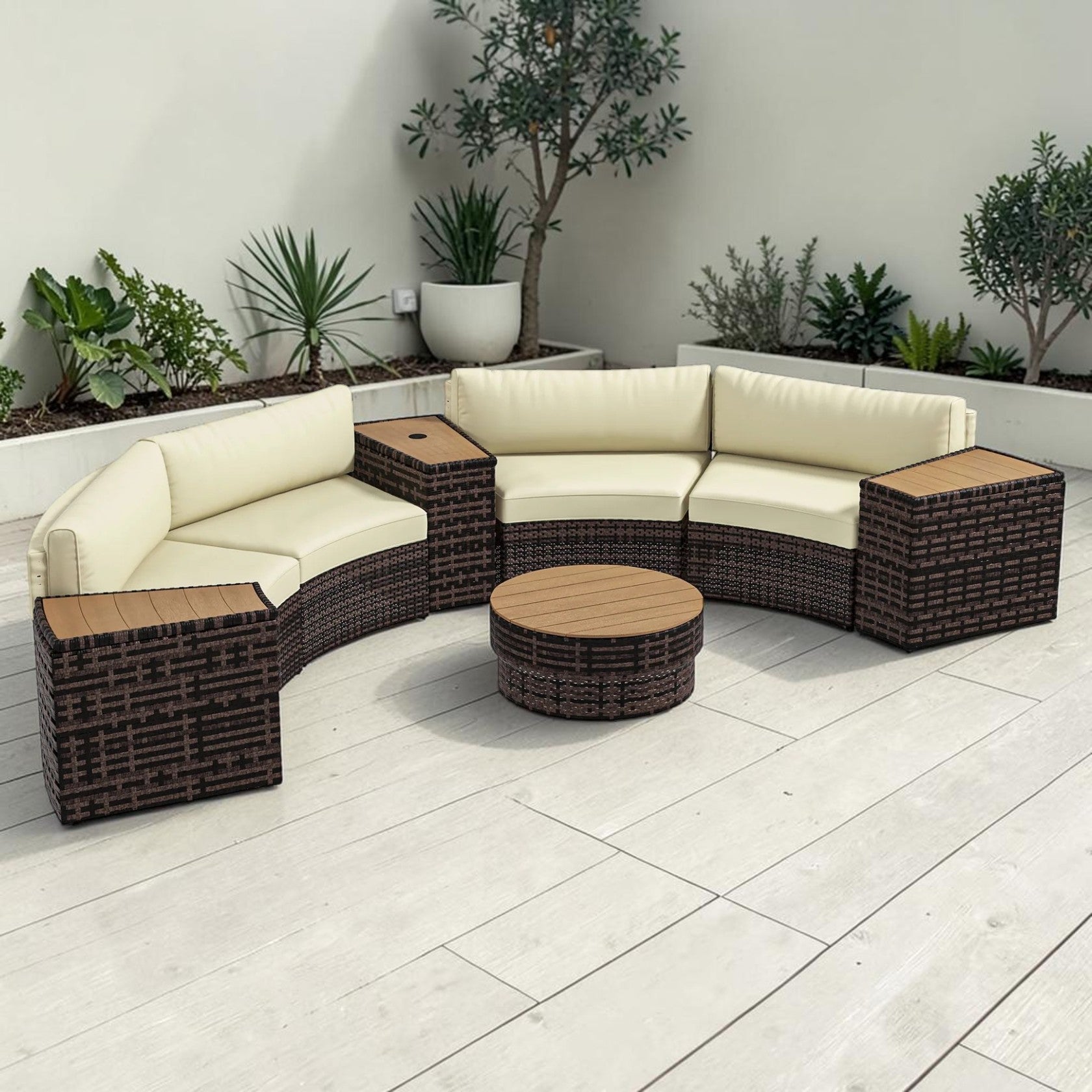 8PC Outdoor Conversation Set with Rattan Chairs, Storage Tables & Round Coffee Table