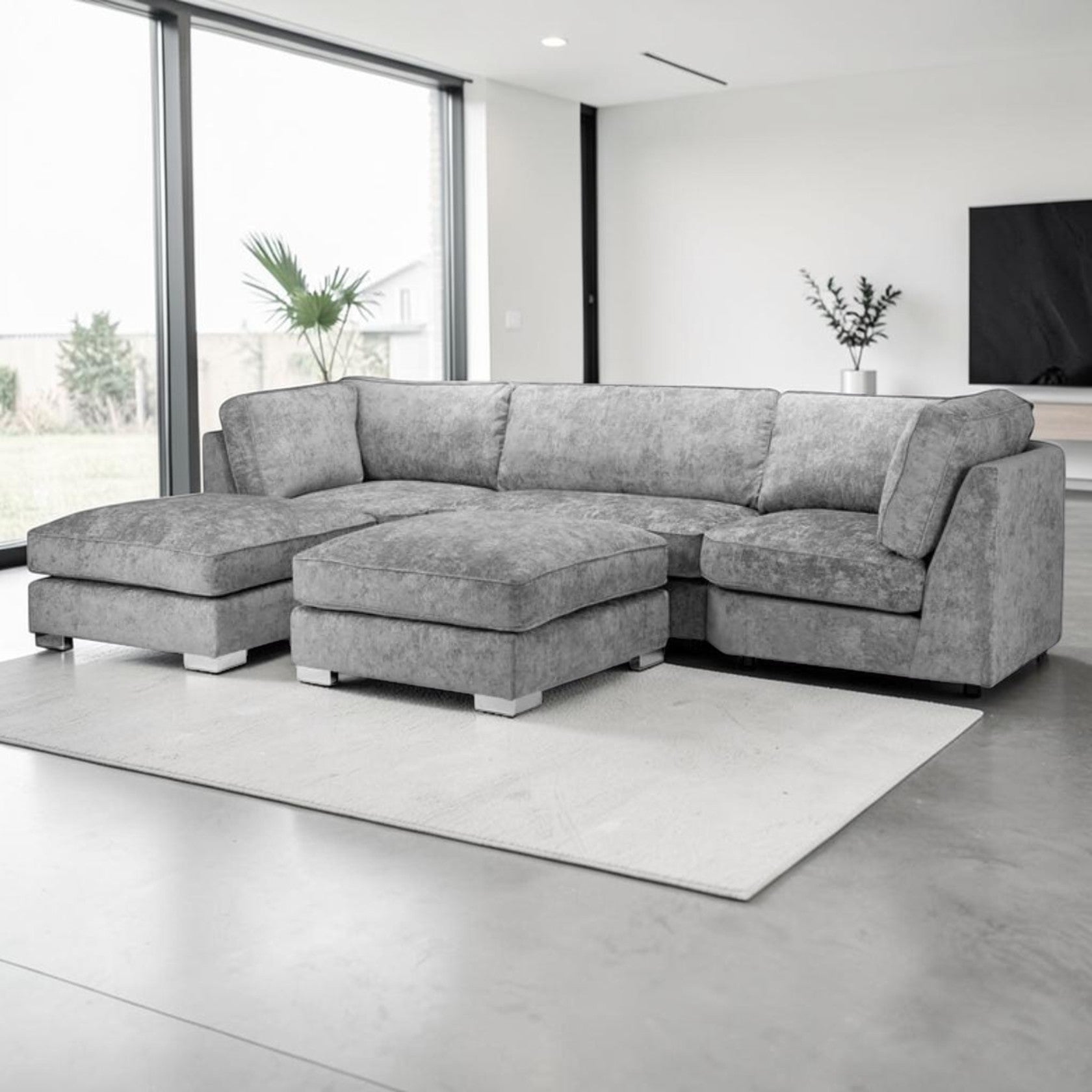 U Shaped Sectional Sofa with Full Back Cushions in Platinum Gray