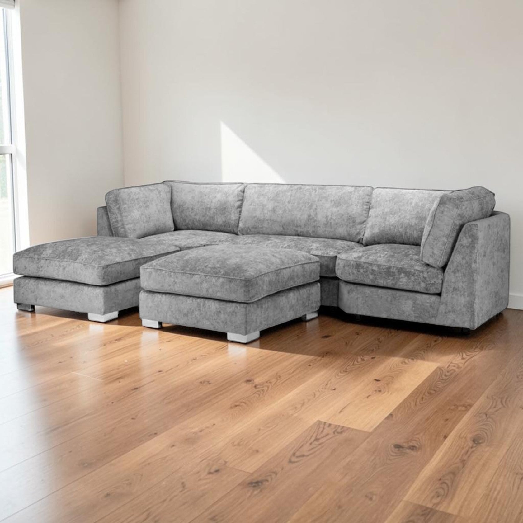 U Shaped Sectional Sofa with Full Back Cushions in Platinum Gray