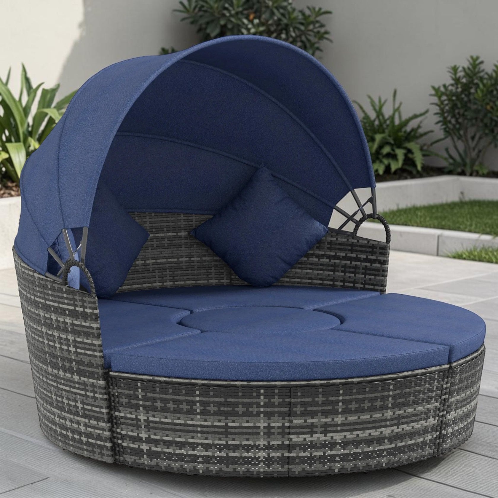 4 Piece Round Convertible Rattan Daybed with Adjustable Canopy, Sectional Seating & Table