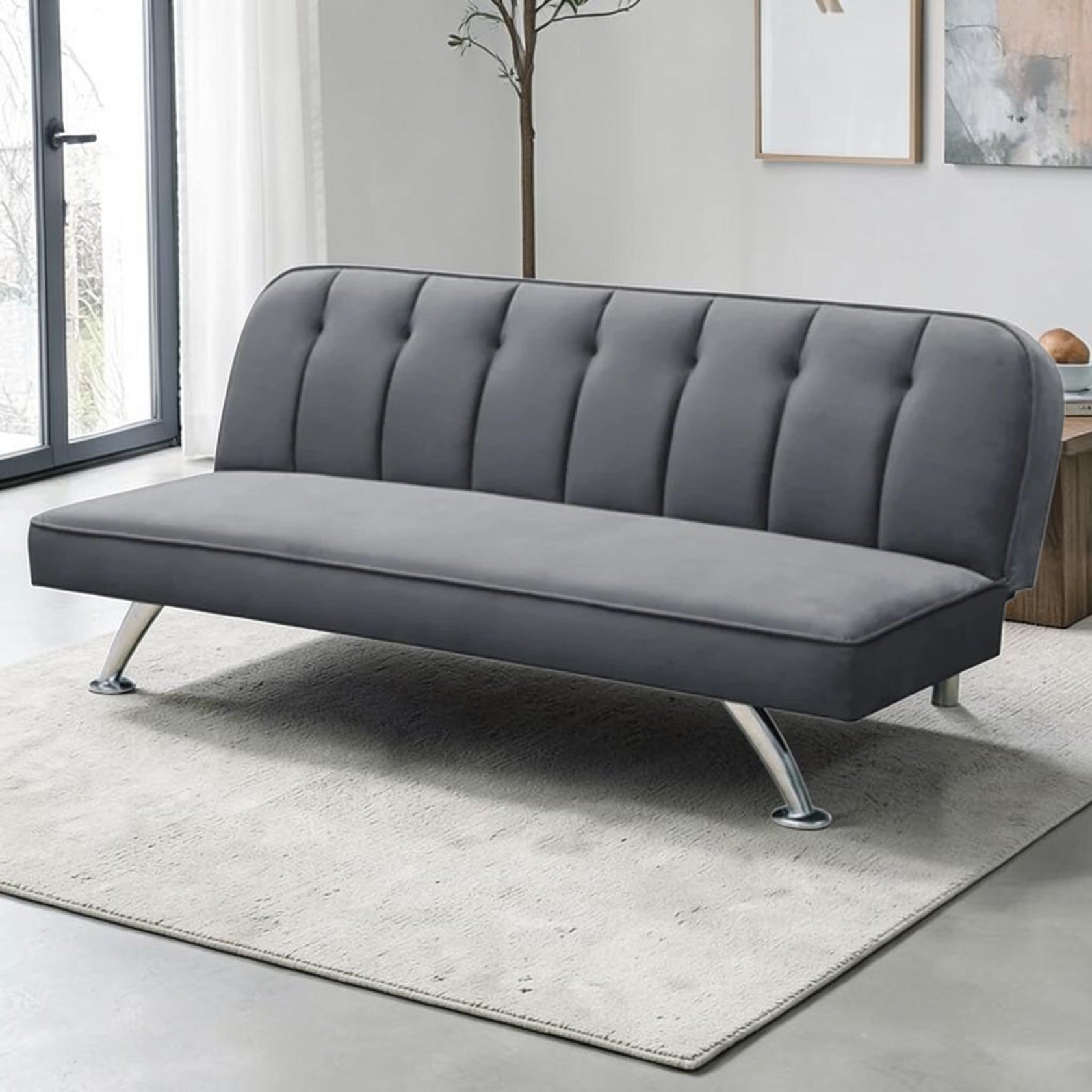Gray Velvet Sofa Bed with Channel Tufted Back and Chrome Legs