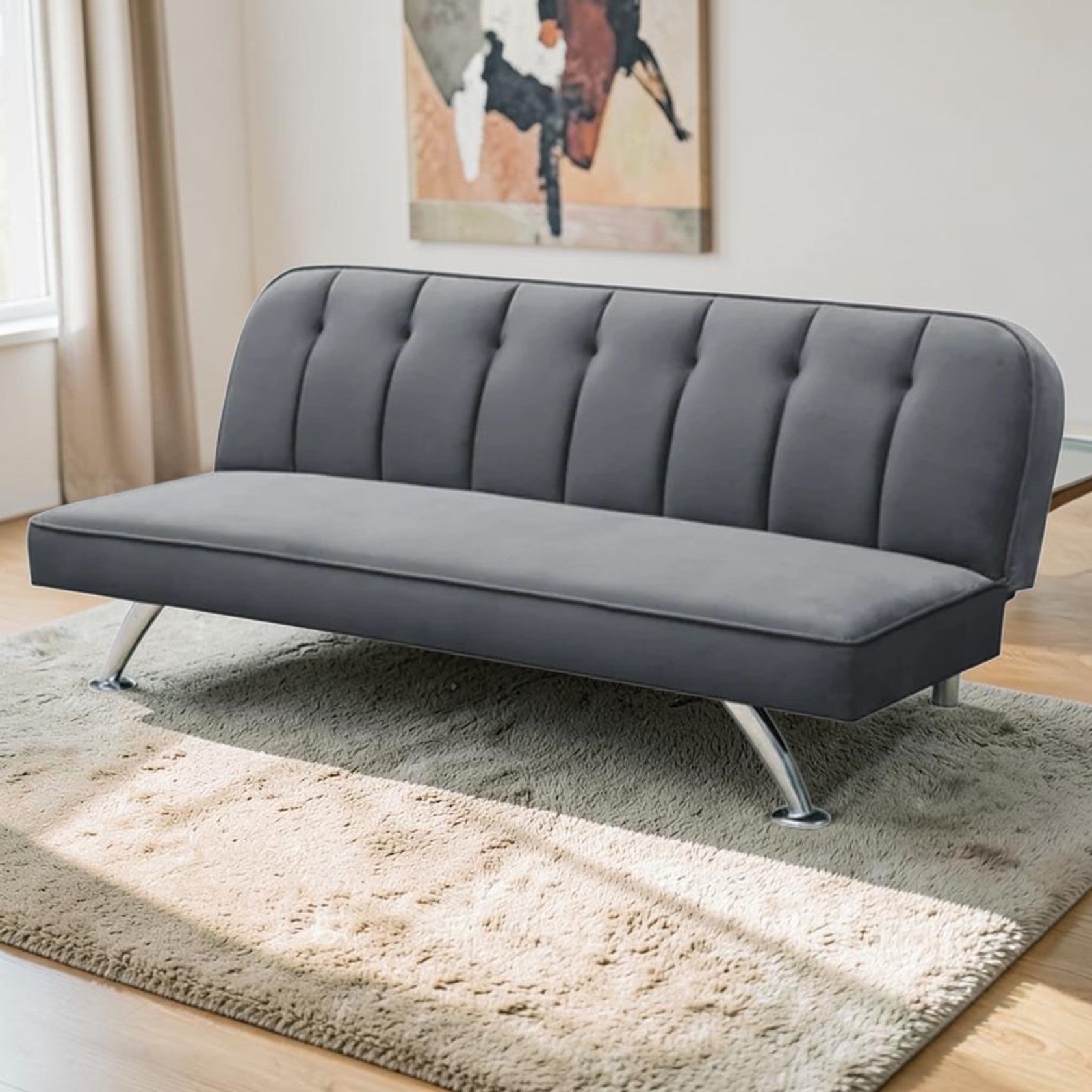 Gray Velvet Sofa Bed with Channel Tufted Back and Chrome Legs
