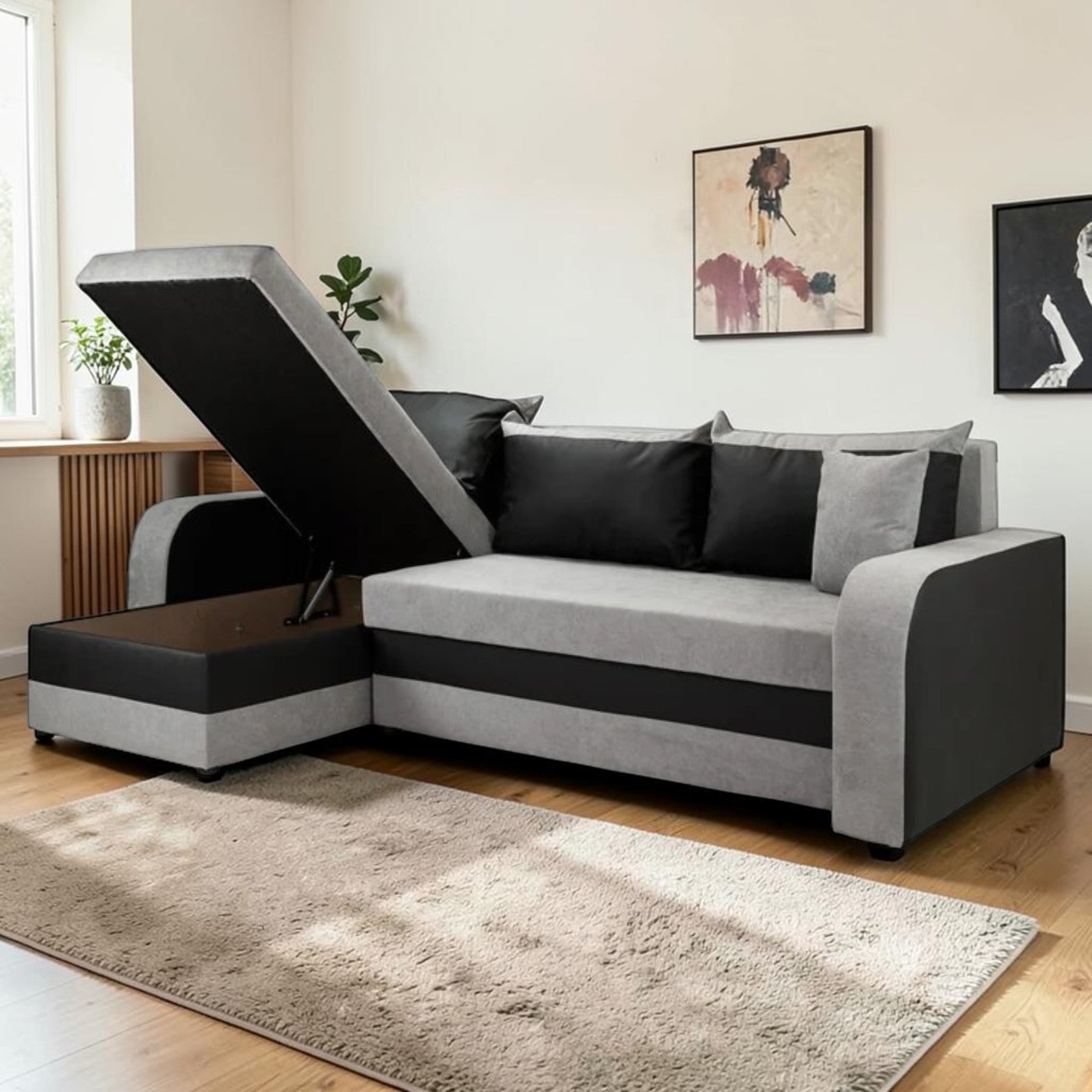 Black and Gray Corner Sofa Bed with Storage