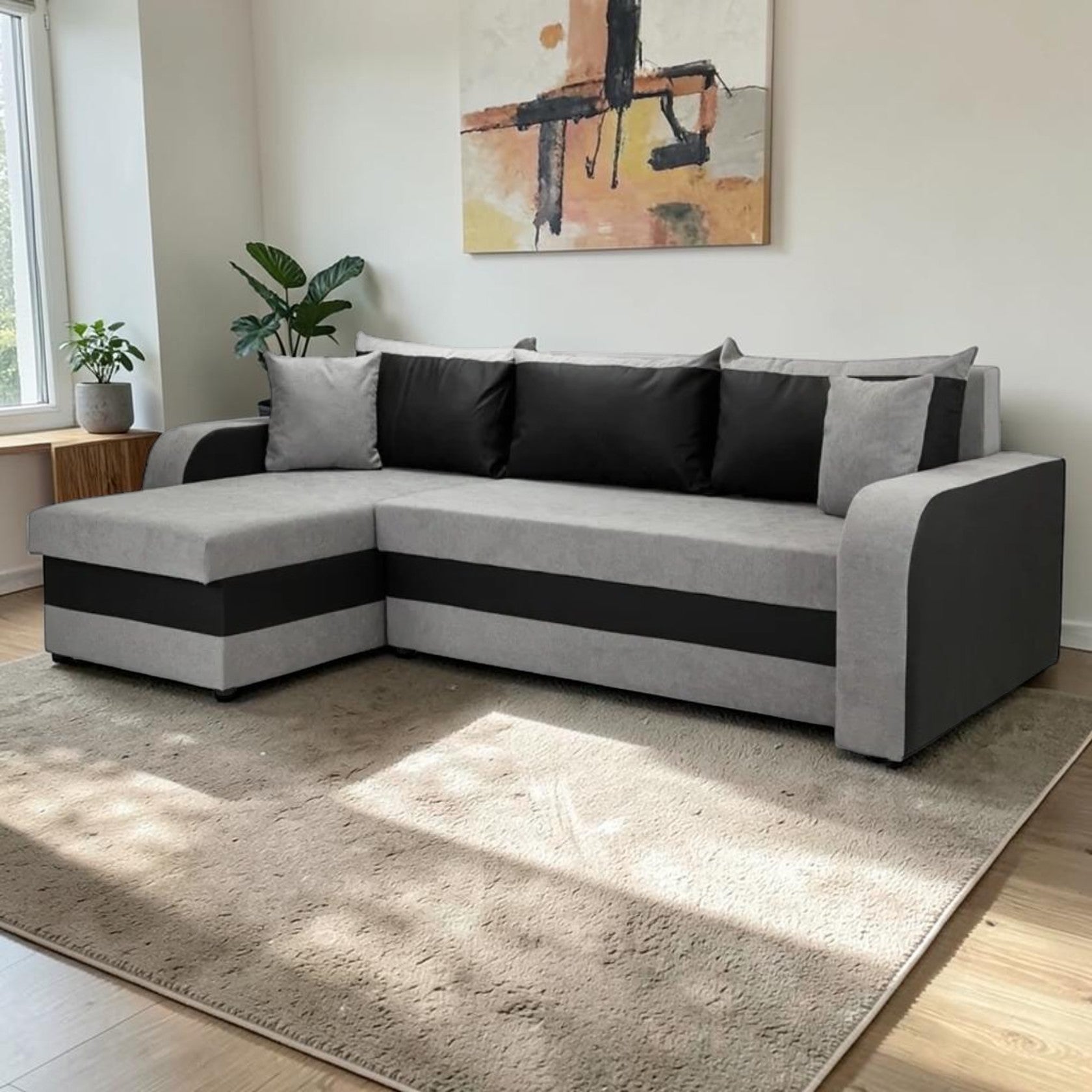 Black and Gray Corner Sofa Bed with Storage
