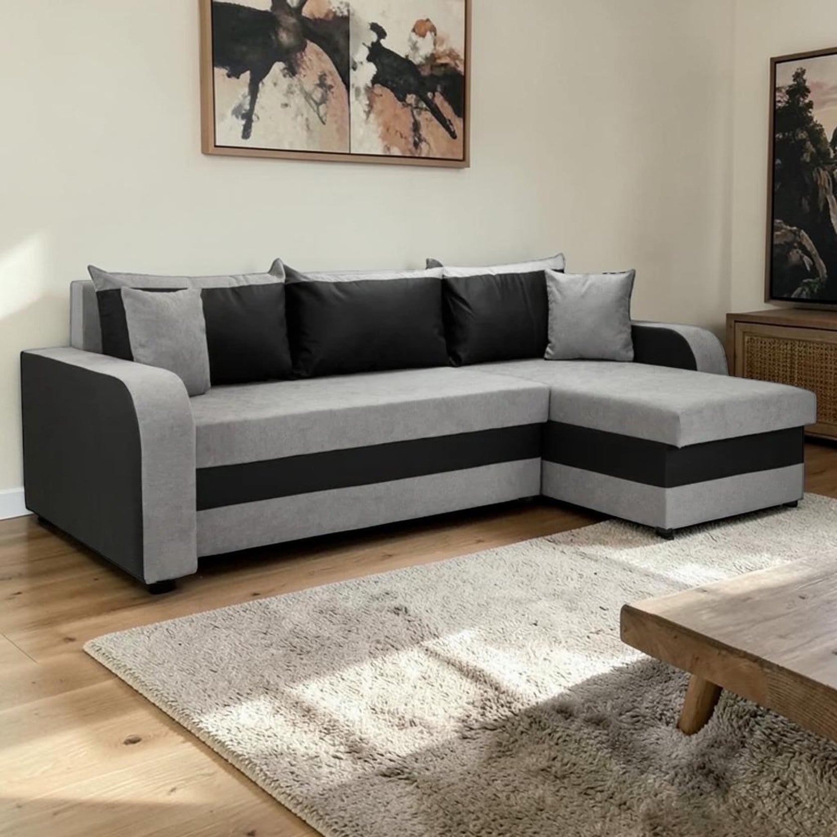 Black and Gray Corner Sofa Bed with Storage