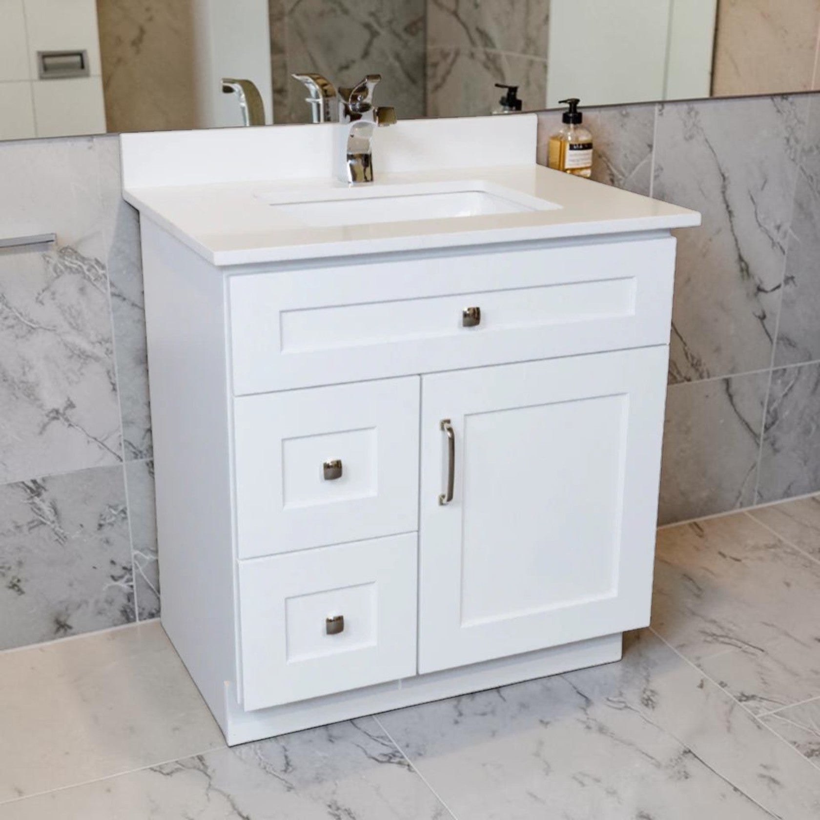 30 Inch White Bathroom Vanity with Quartz Countertop and Storage Drawers