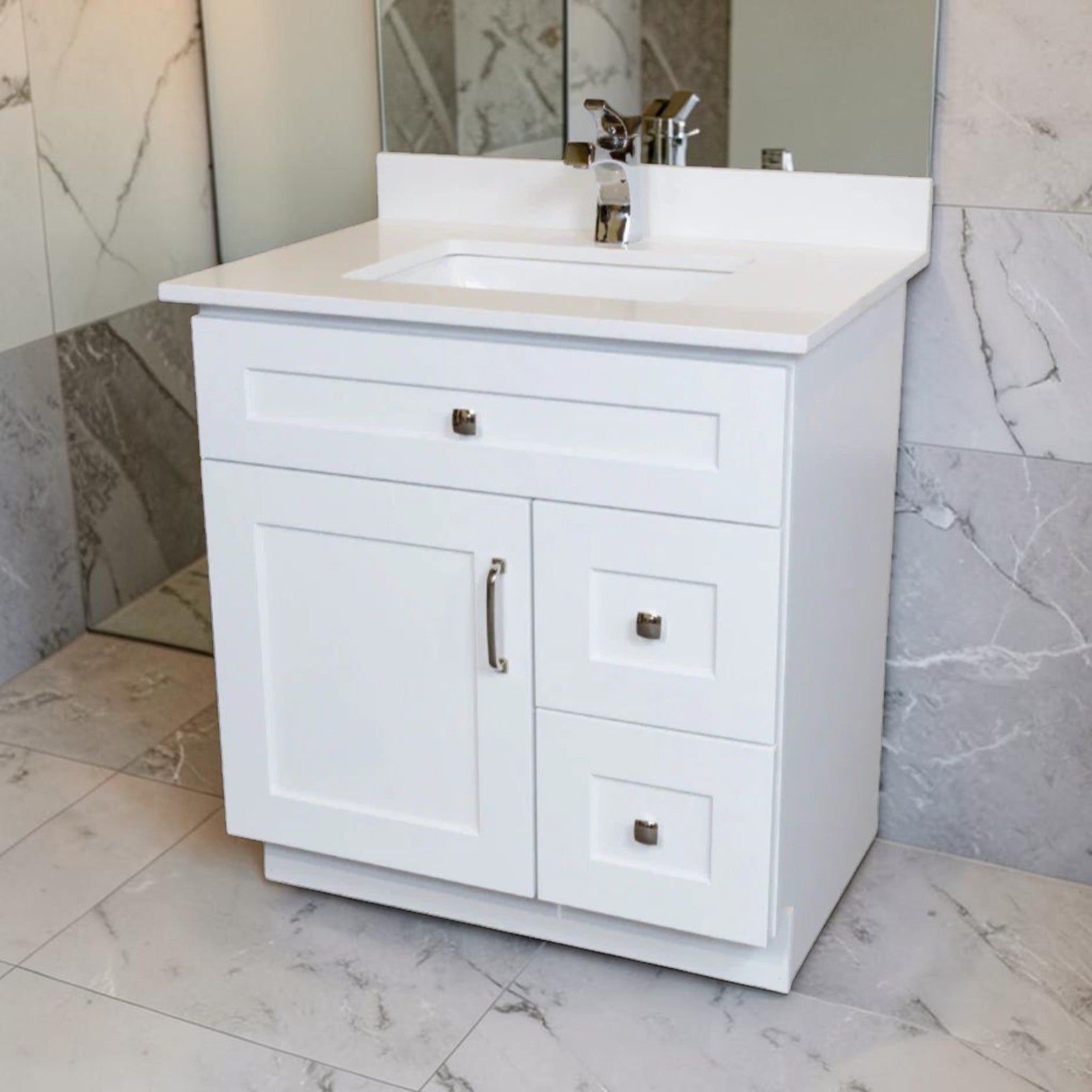 30 Inch White Bathroom Vanity with Quartz Countertop and Storage Drawers