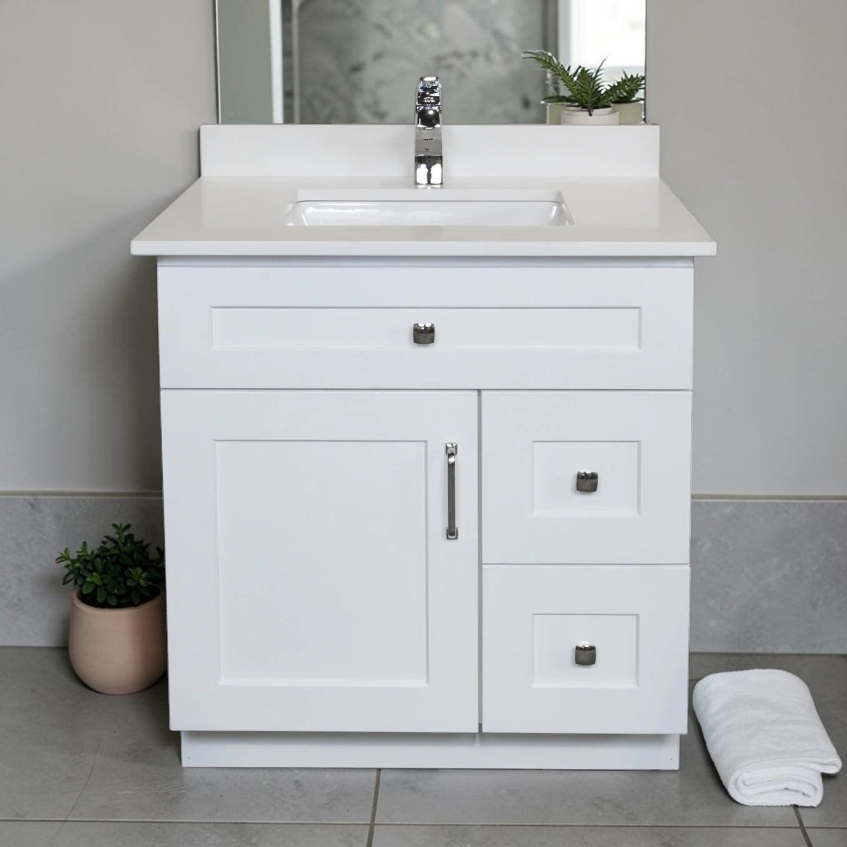 30 Inch White Bathroom Vanity with Quartz Countertop and Storage Drawers