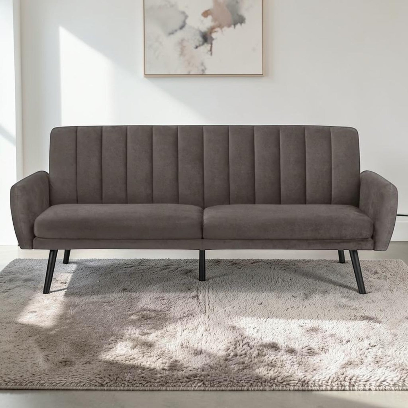 Gray Velvet Sofa Bed with Channel Tufting and Sleeper Function