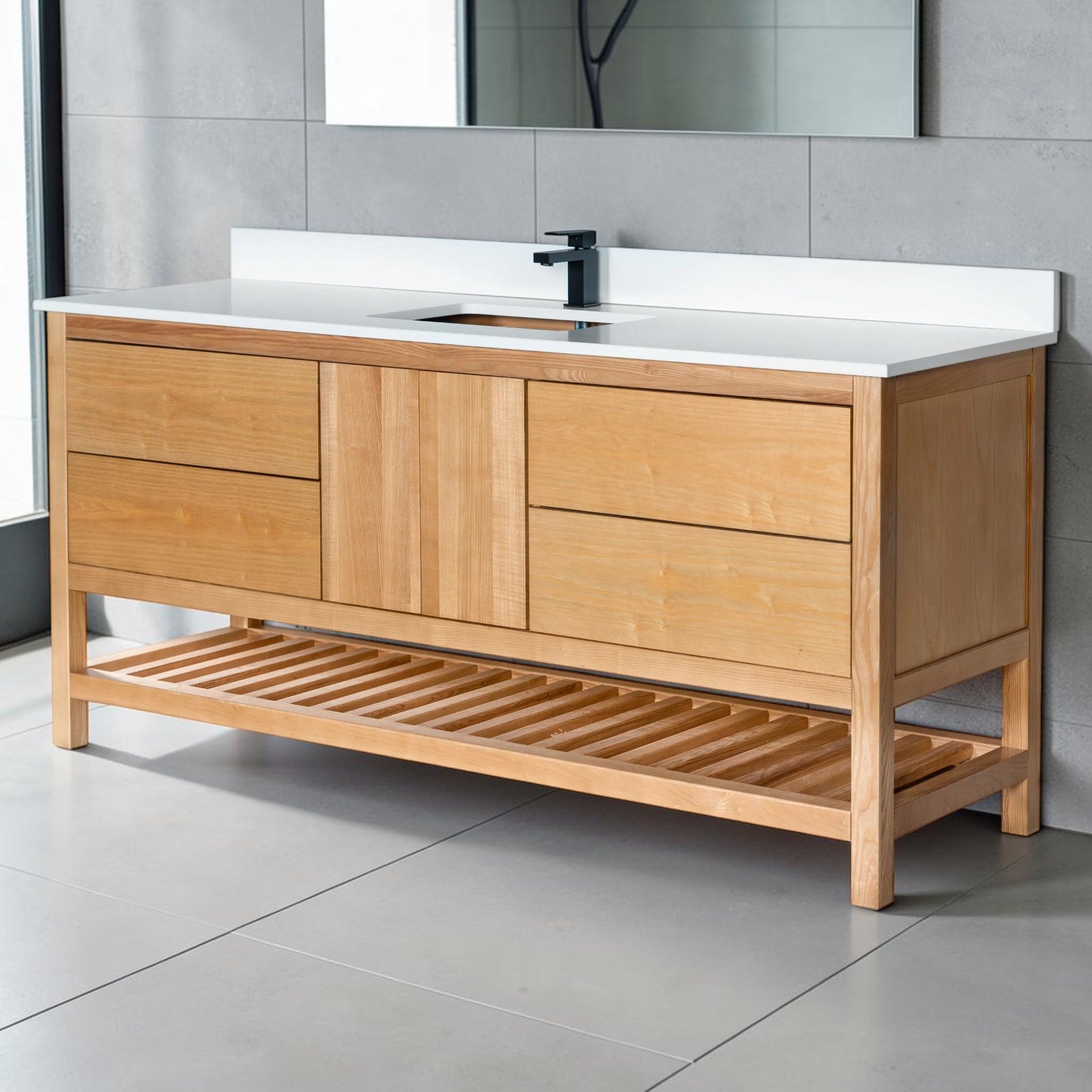71 Inch Light Natural Wood Bathroom Vanity with Quartz Countertop and Open Shelf