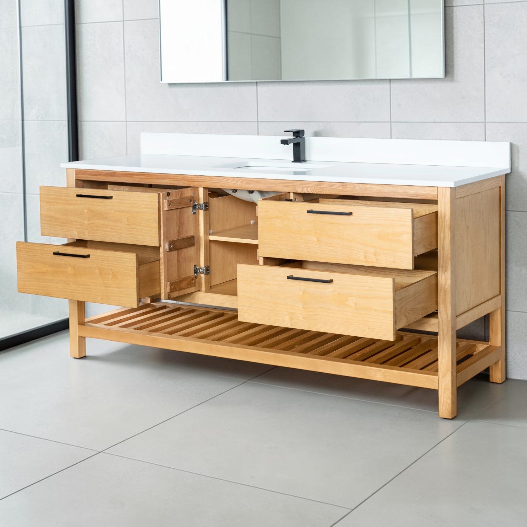 71 Inch Light Natural Wood Bathroom Vanity with Quartz Countertop and Open Shelf