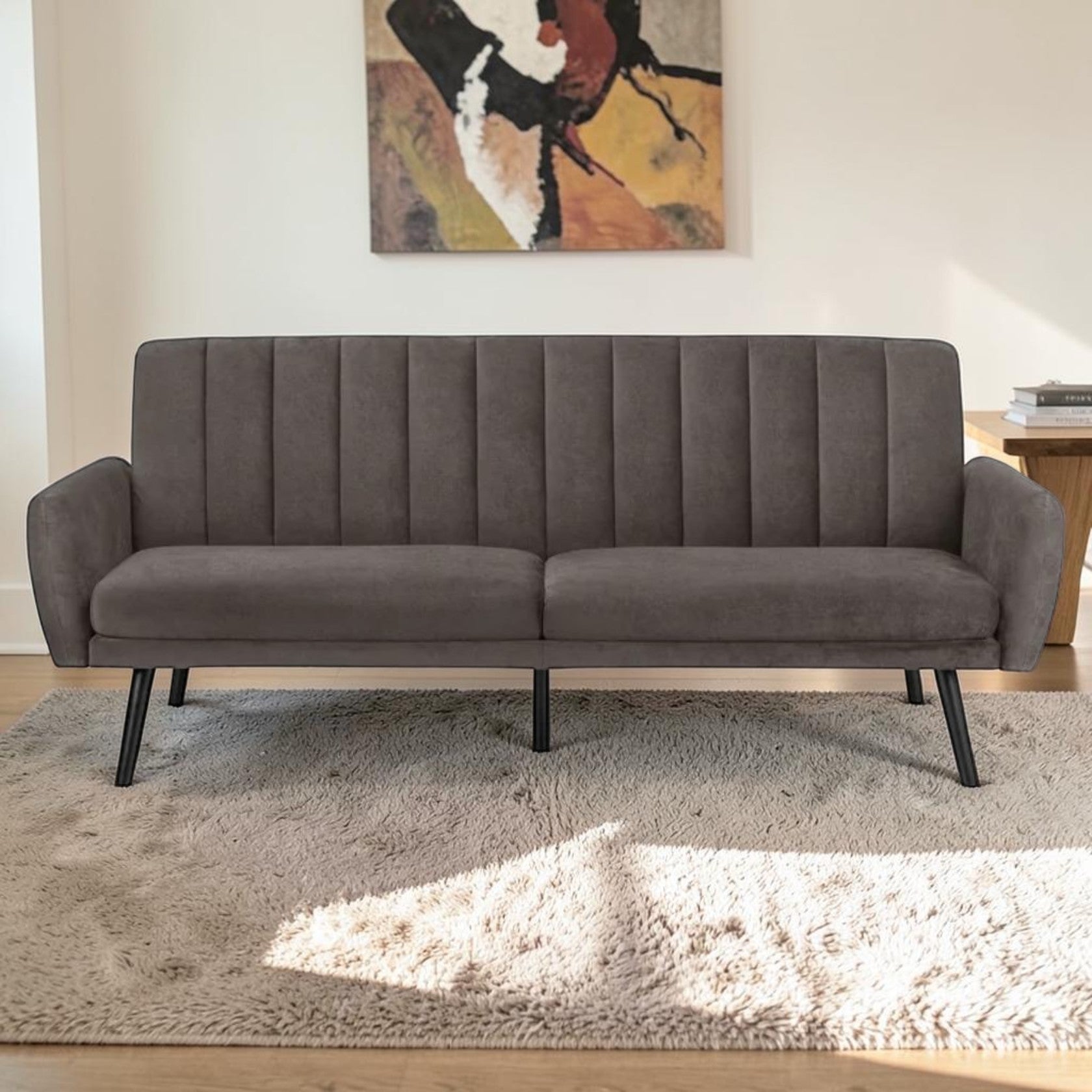 Gray Velvet Sofa Bed with Channel Tufting and Sleeper Function